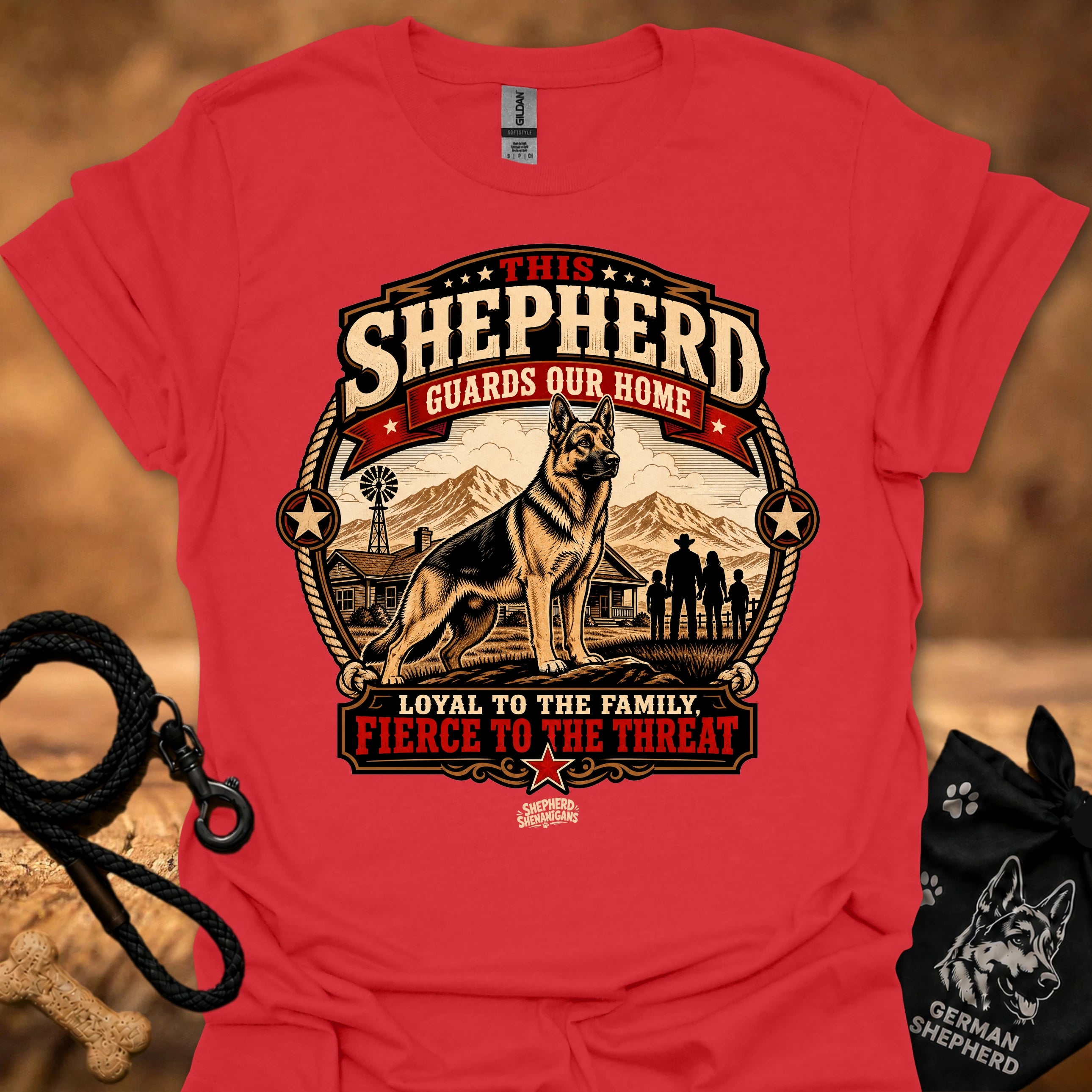 Red crew neck T-shirt with bold shepherd house emblem graphic