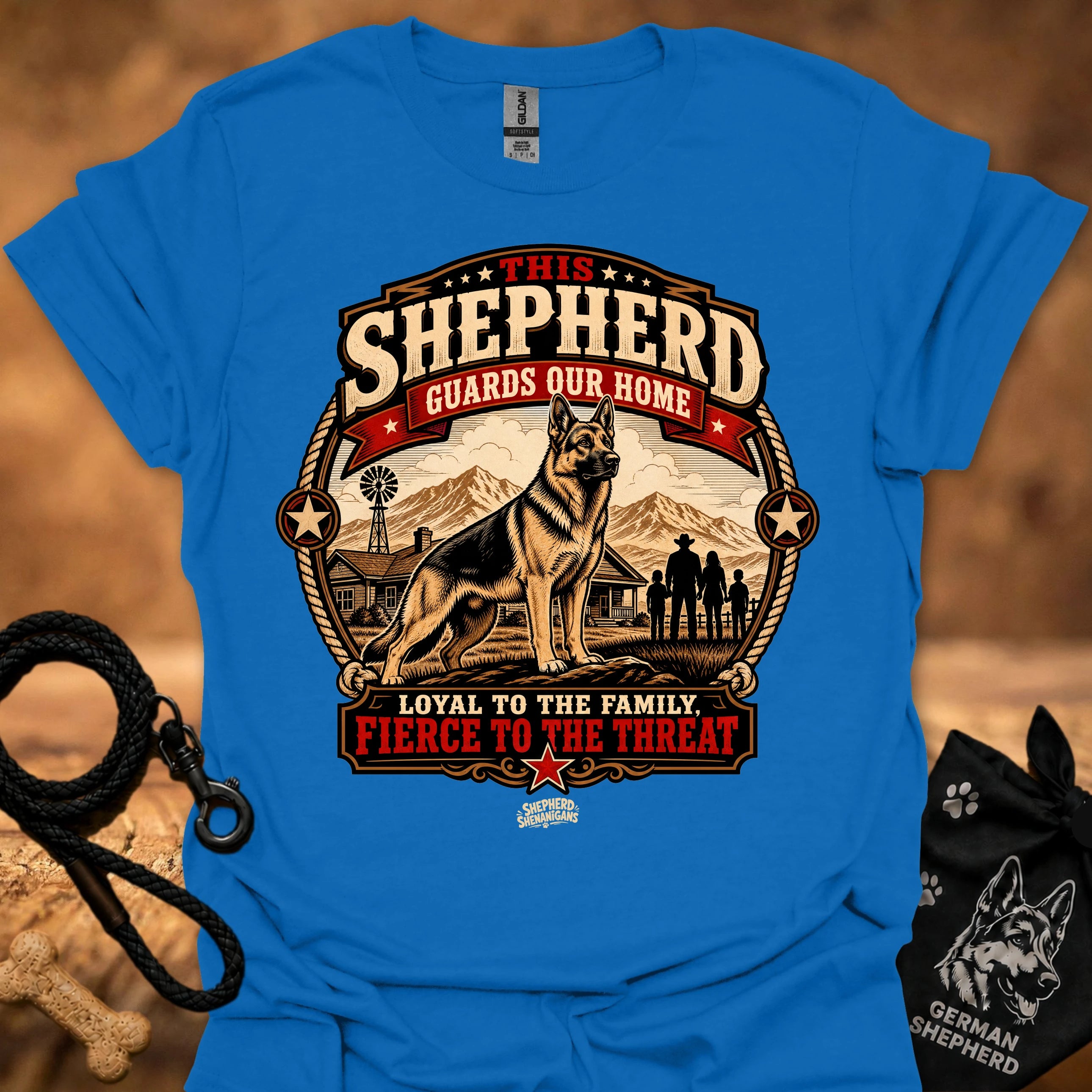 Royal blue crew neck T-shirt with large shepherd house emblem graphic