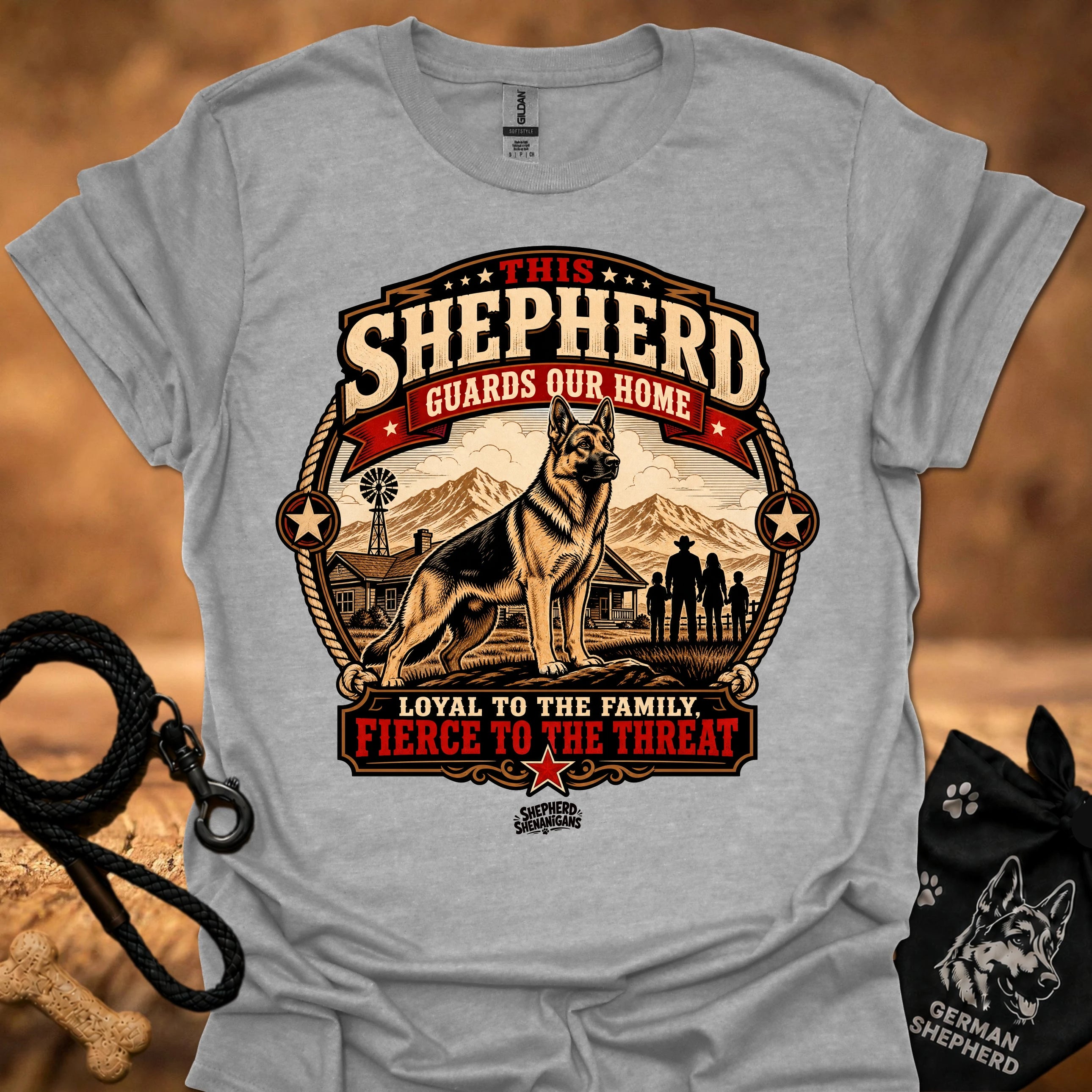 Sport grey crew neck T-shirt with bold shepherd house emblem graphic