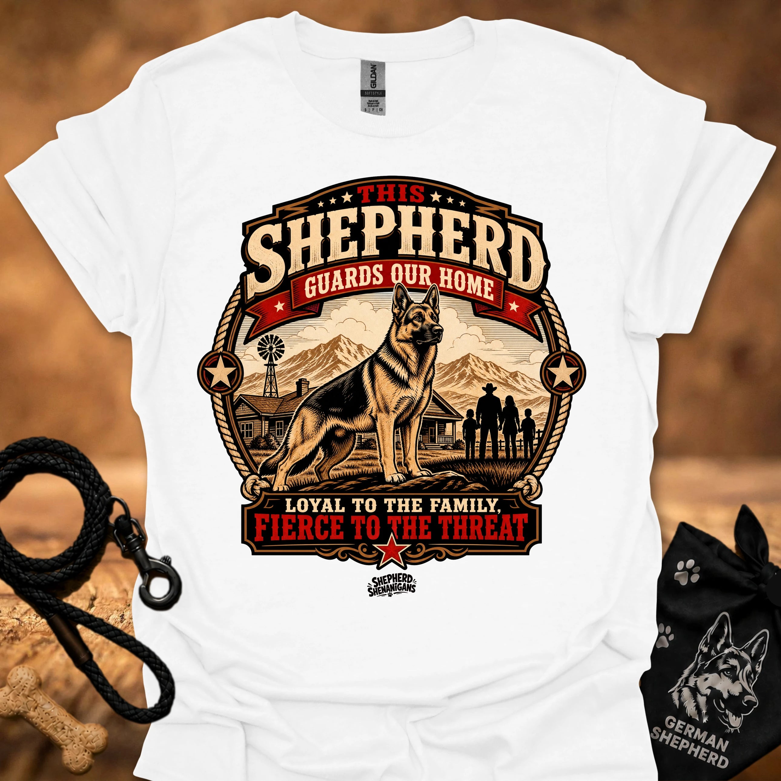 White crew neck T-shirt with large shepherd house emblem graphic