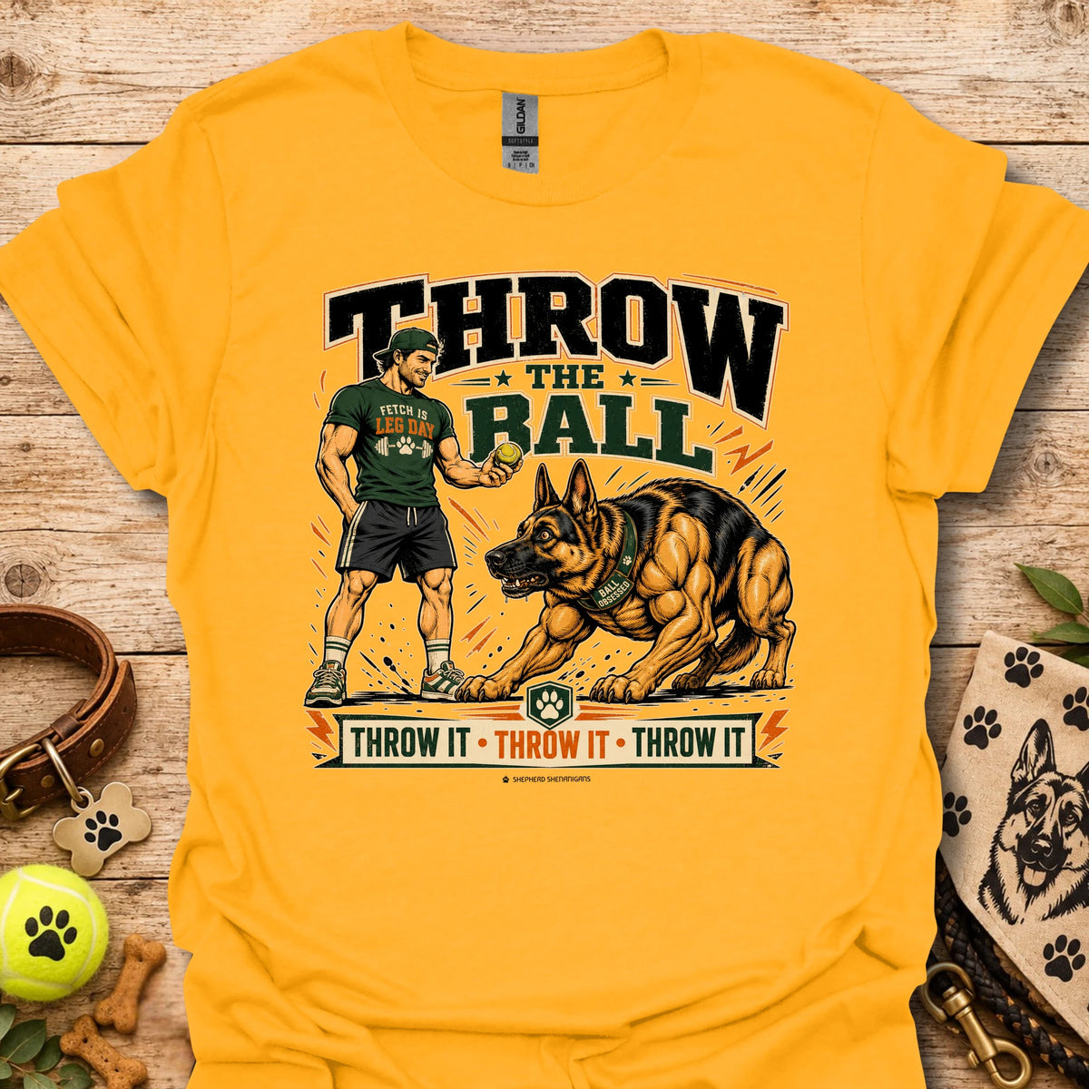 Gold graphic t-shirt with bold 'Throw the Ball' dog-and-player front design