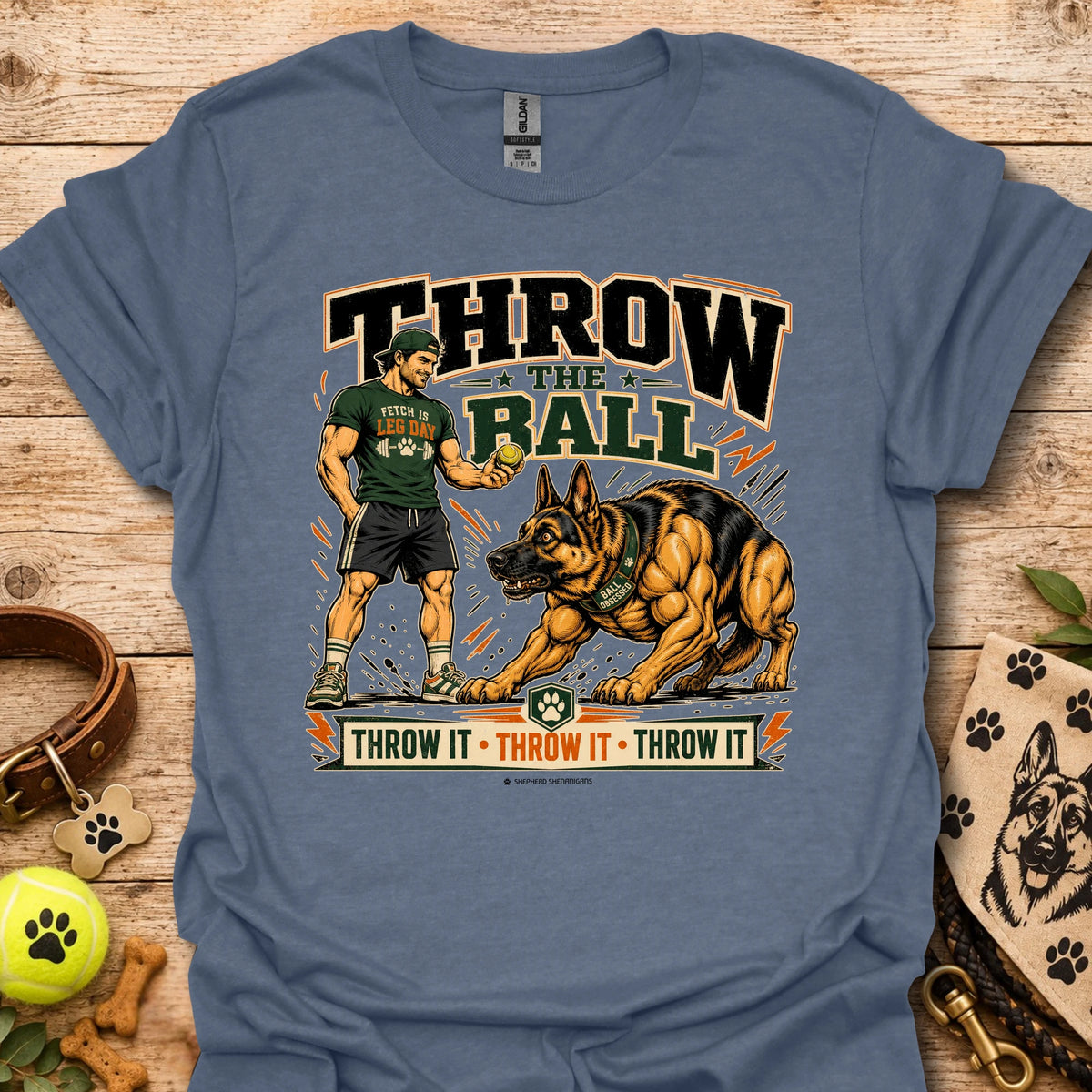 Heather indigo graphic t-shirt with bold 'Throw the Ball' dog-and-player front design