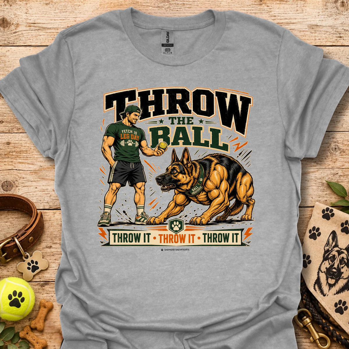 Sport gray graphic t-shirt with bold 'Throw the Ball' dog-and-player front design