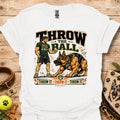White graphic t-shirt with bold 'Throw the Ball' dog-and-player front design