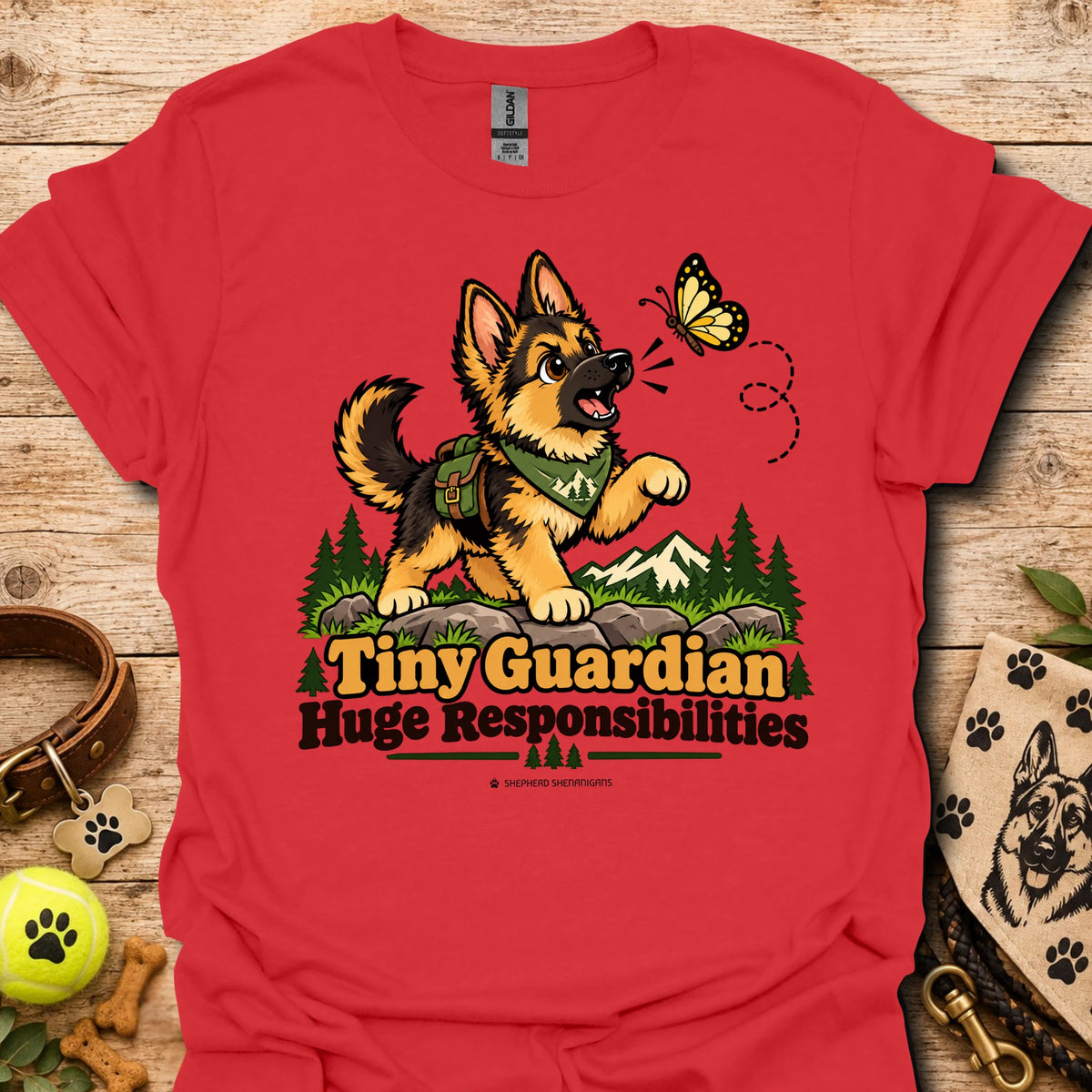 Red kids graphic T-shirt with cartoon dog, butterfly, and "Huge Responsibilities"