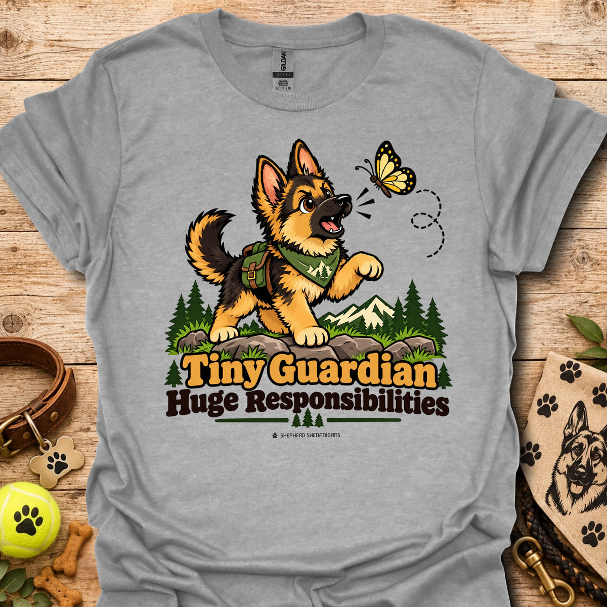 Sport gray kids graphic T-shirt with cartoon dog, butterfly, and "Huge Responsibilities"