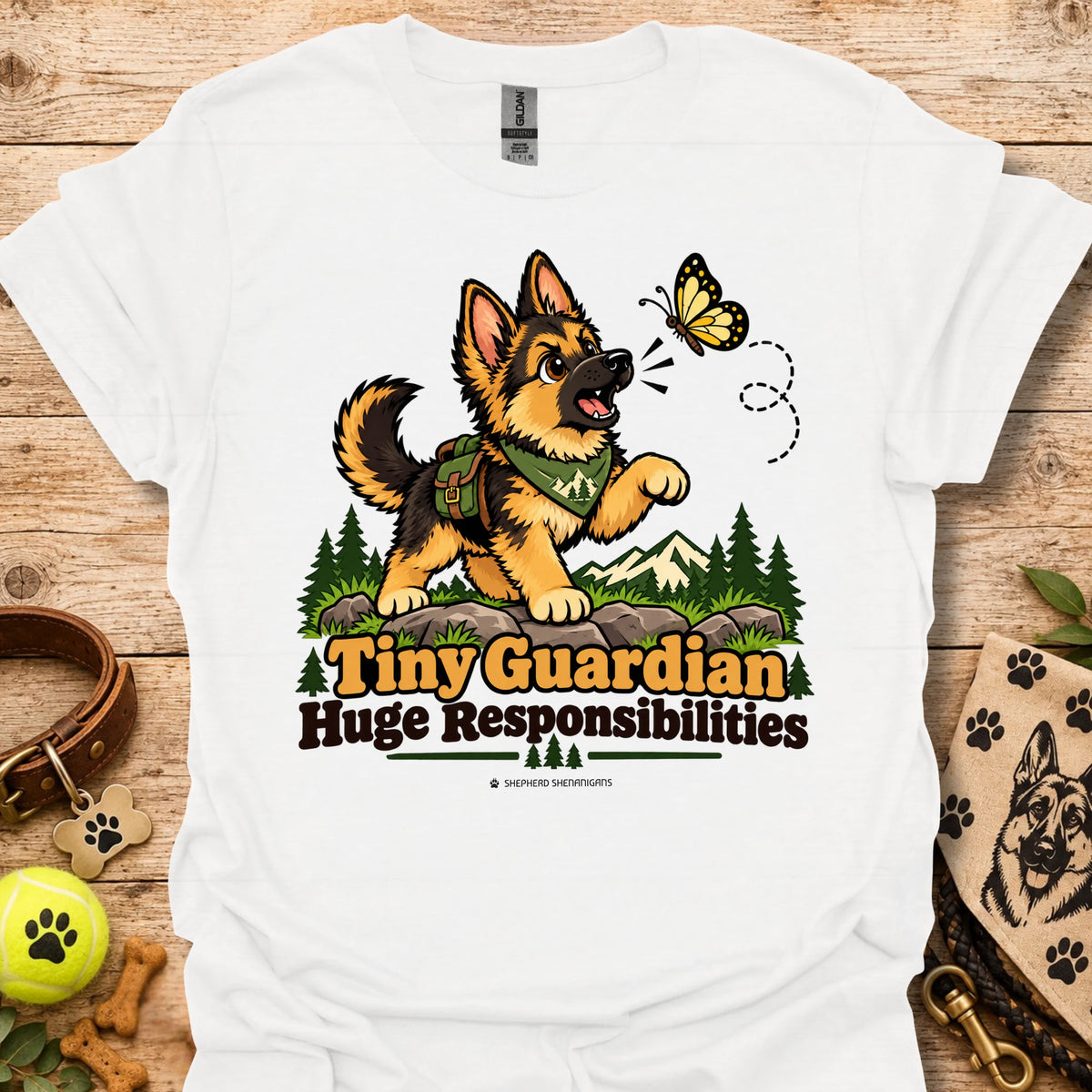 White kids graphic T-shirt with cartoon dog, butterfly, and "Huge Responsibilities"