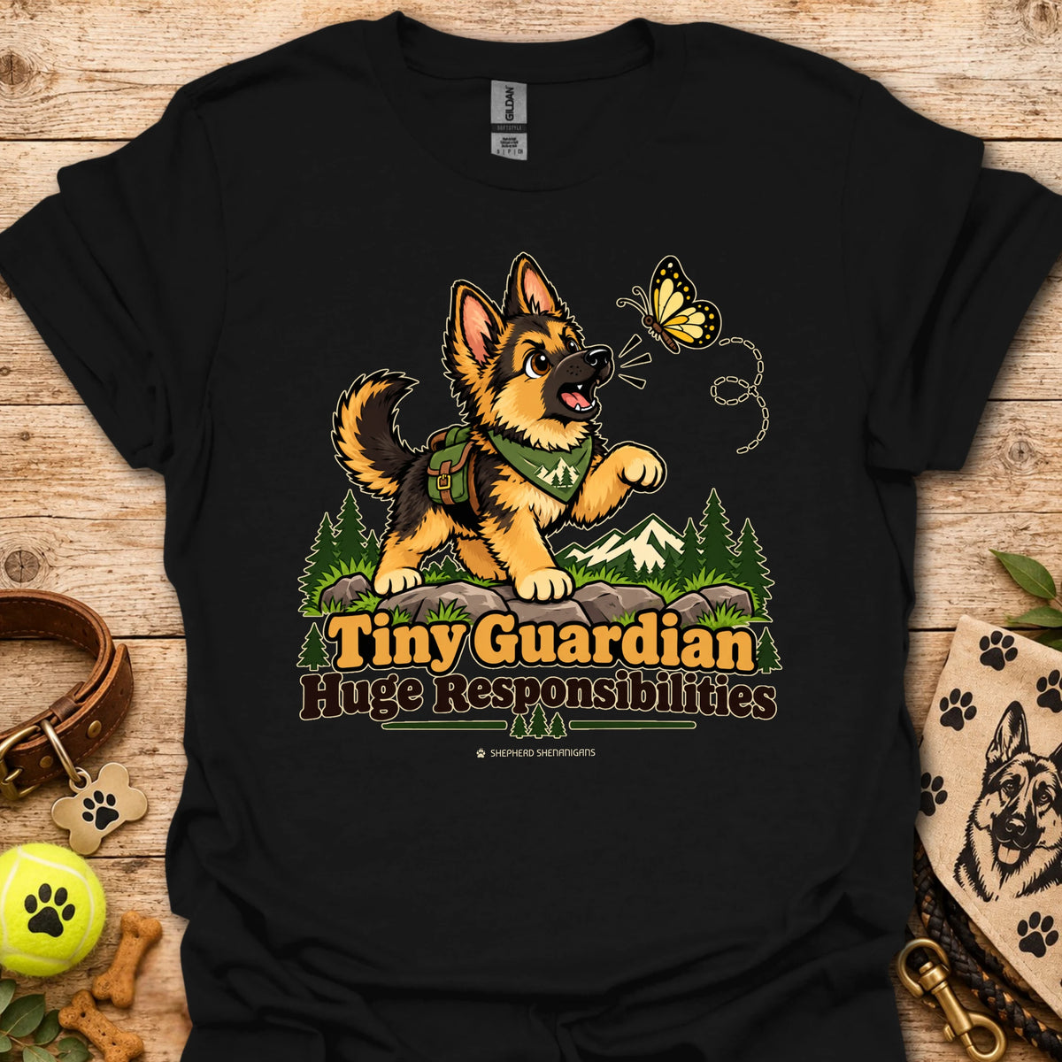 Black kids graphic T-shirt with cartoon dog, butterfly, and "Huge Responsibilities"