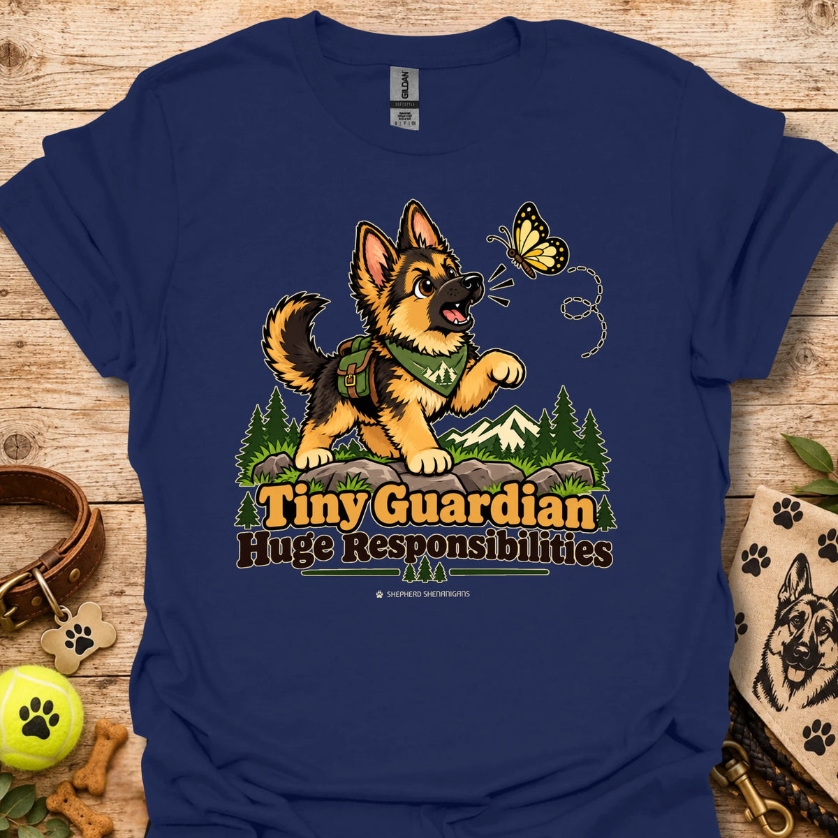 Navy kids graphic T-shirt with cartoon dog, butterfly, and "Huge Responsibilities"