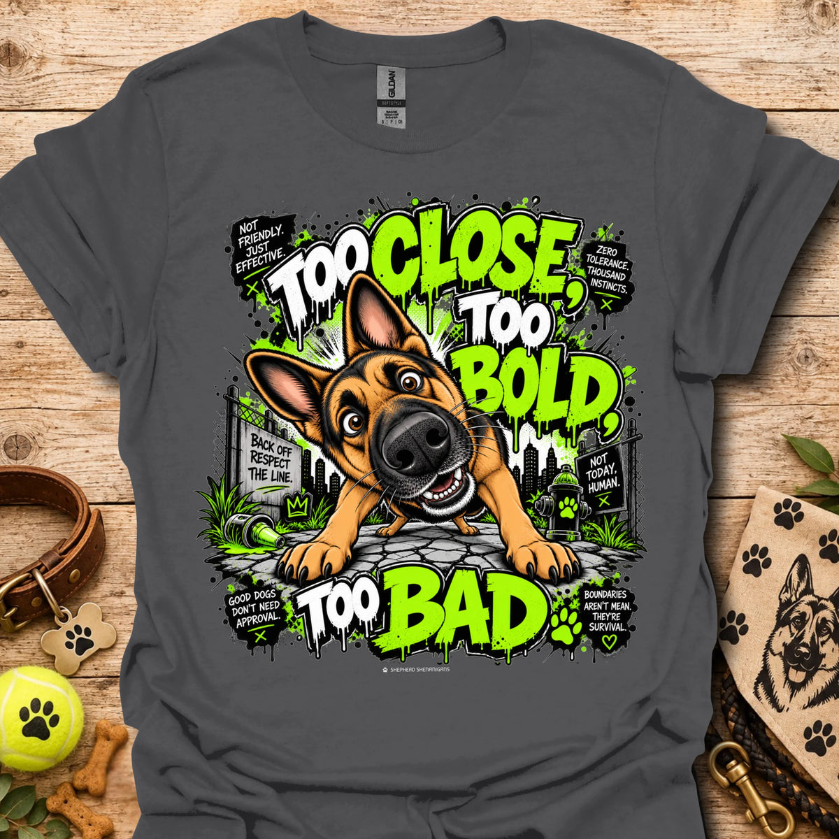 Charcoal T-shirt with cartoon dog graphic and neon 'Too Close Too Bold Too Bad' text