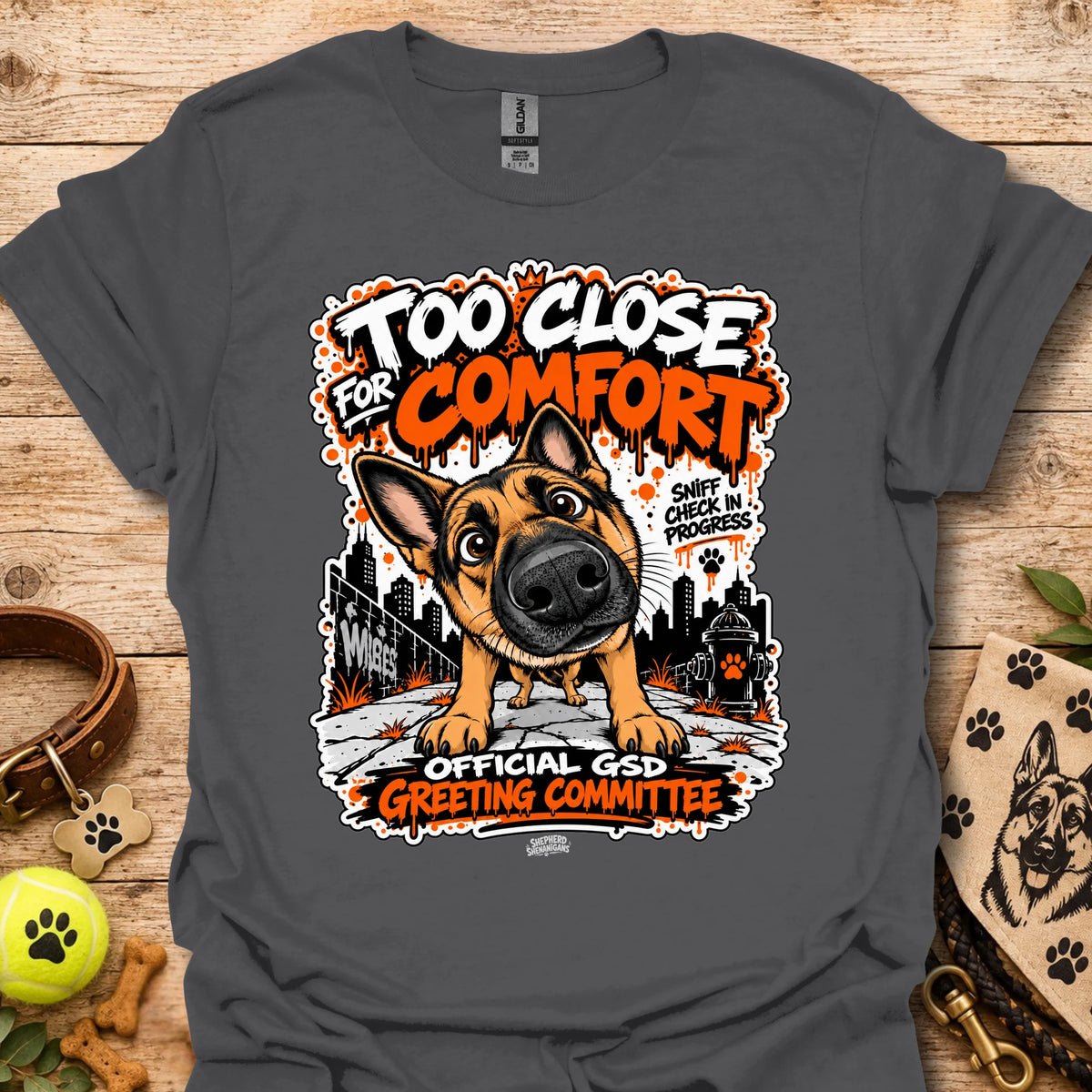 Charcoal dog graphic t-shirt with front print and “Too Close for Comfort” text