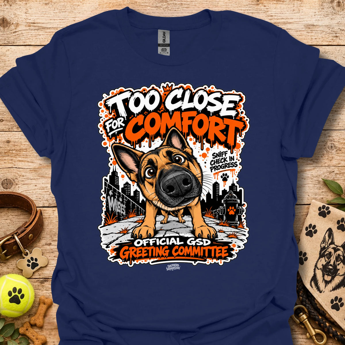 Navy dog graphic t-shirt with front print and “Too Close for Comfort” text