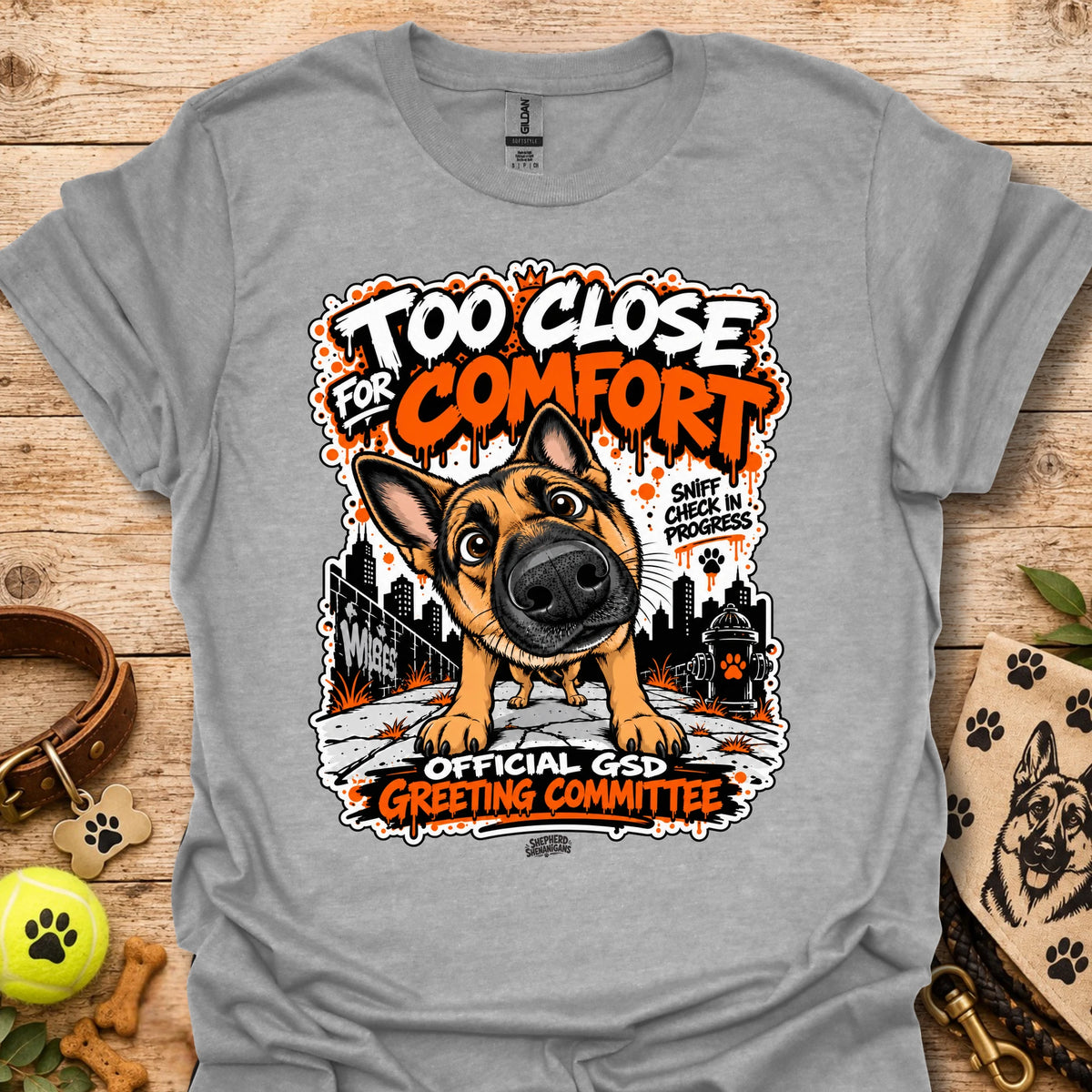 Sport gray dog graphic t-shirt with front print and “Too Close for Comfort” text