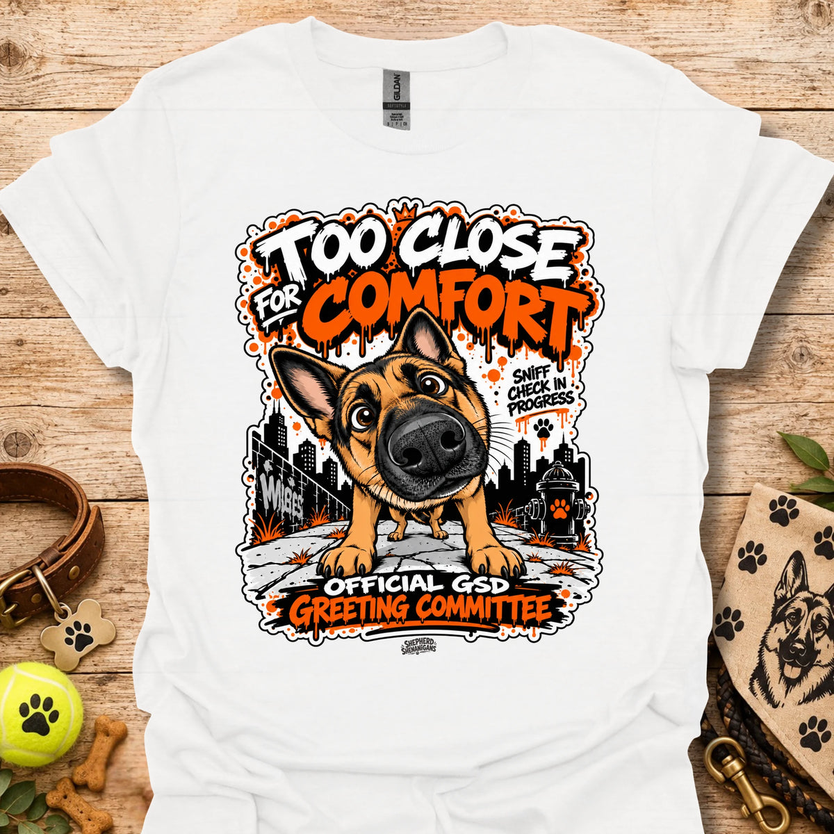 White dog graphic t-shirt with front print and “Too Close for Comfort” text