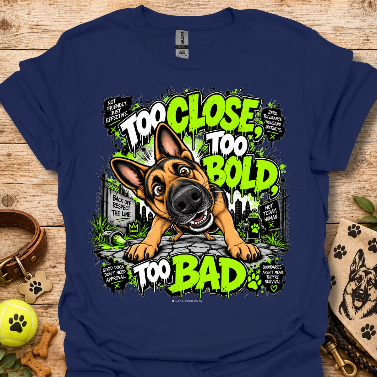 Navy T-shirt with cartoon dog graphic and neon 'Too Close Too Bold Too Bad' text