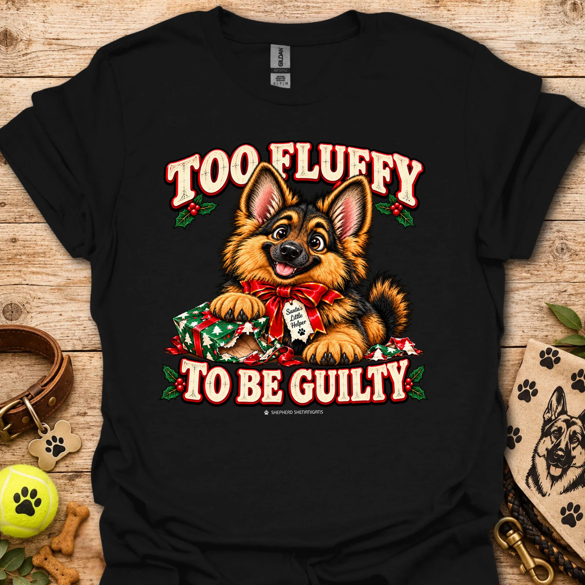 Black dog graphic T-shirt with 'Too Fluffy To Be Guilty' text