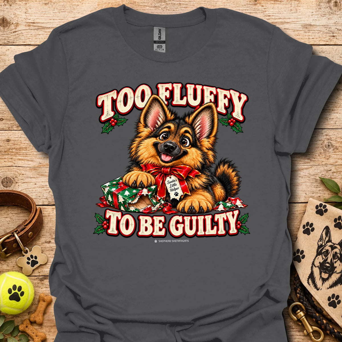 Charcoal dog graphic T-shirt with 'Too Fluffy To Be Guilty' text