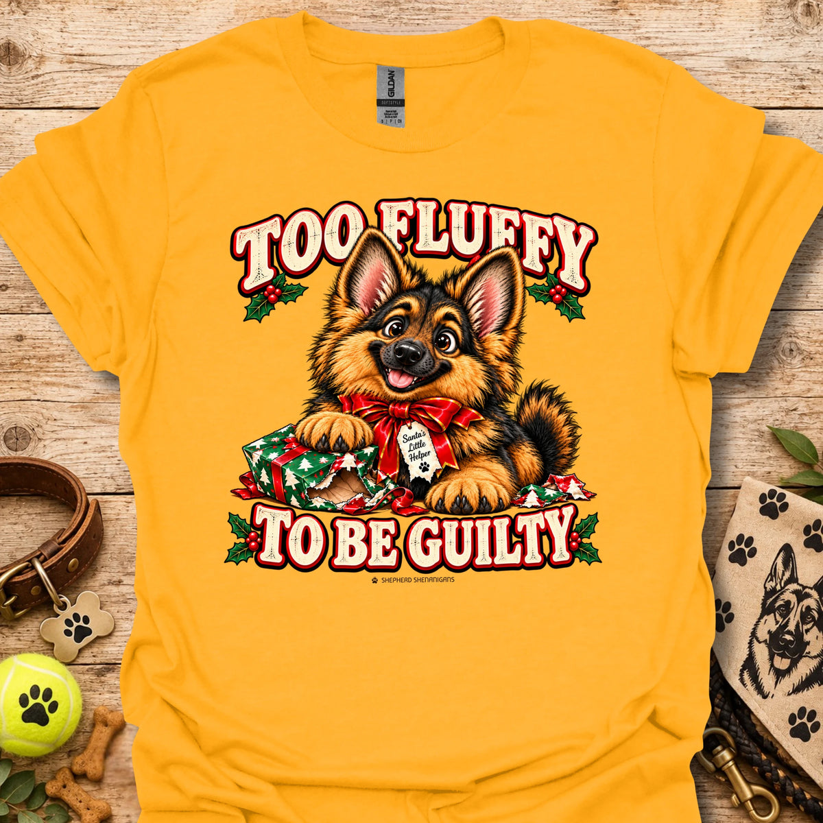 Gold dog graphic T-shirt with 'Too Fluffy To Be Guilty' text