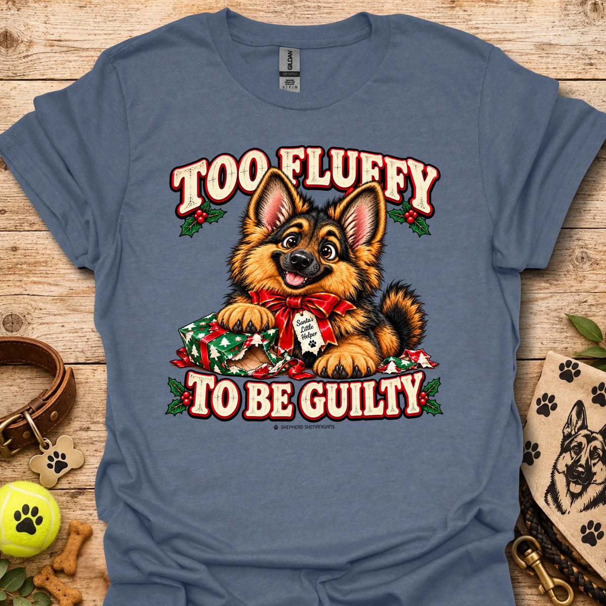 Heather indigo dog graphic T-shirt with 'Too Fluffy To Be Guilty' text