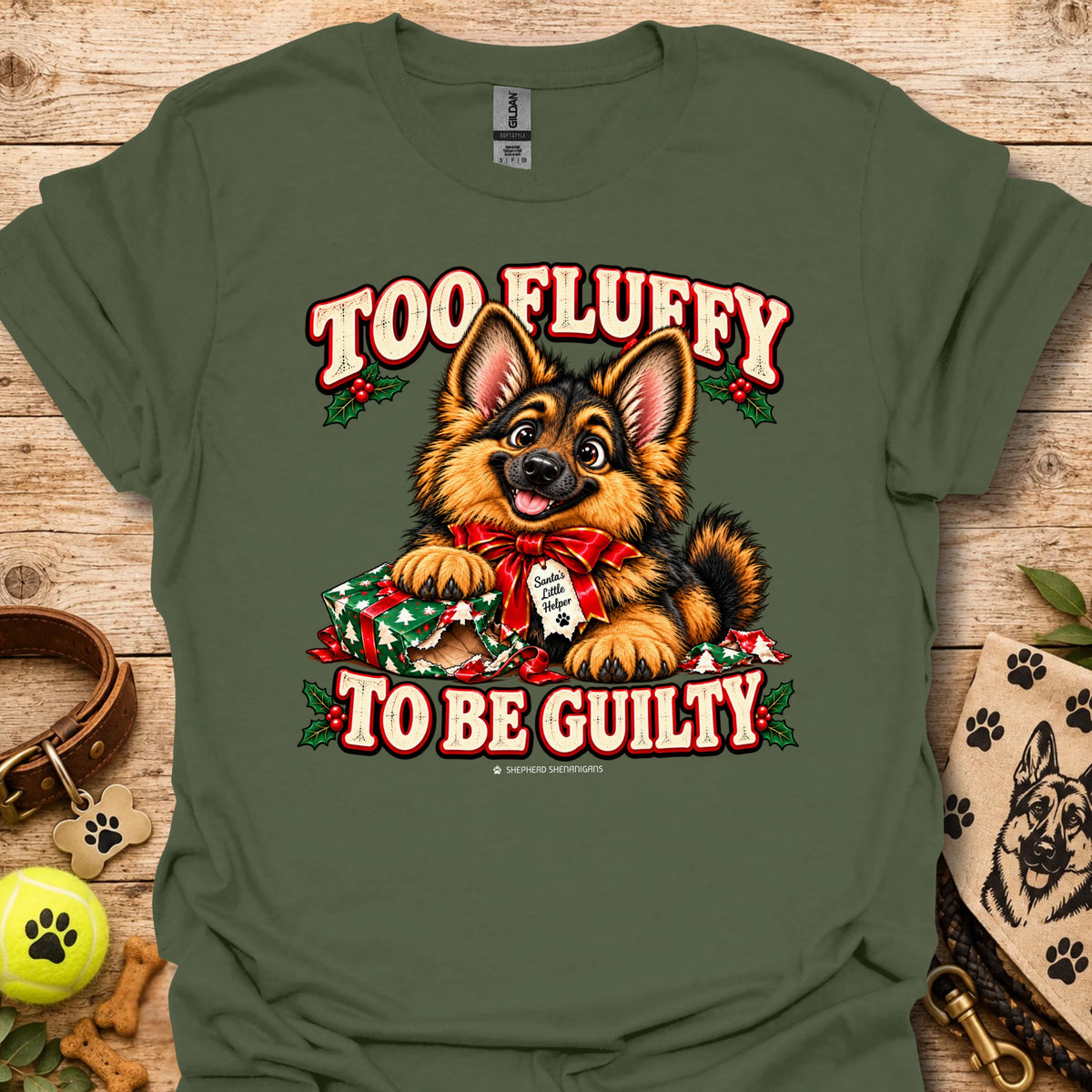 Military green dog graphic T-shirt with 'Too Fluffy To Be Guilty' text