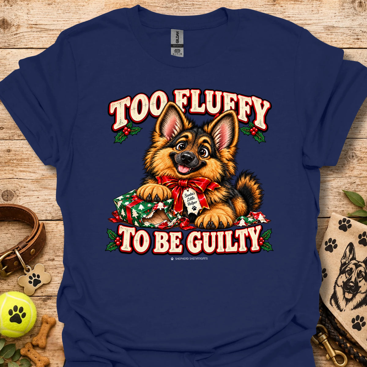 Navy dog graphic T-shirt with 'Too Fluffy To Be Guilty' text