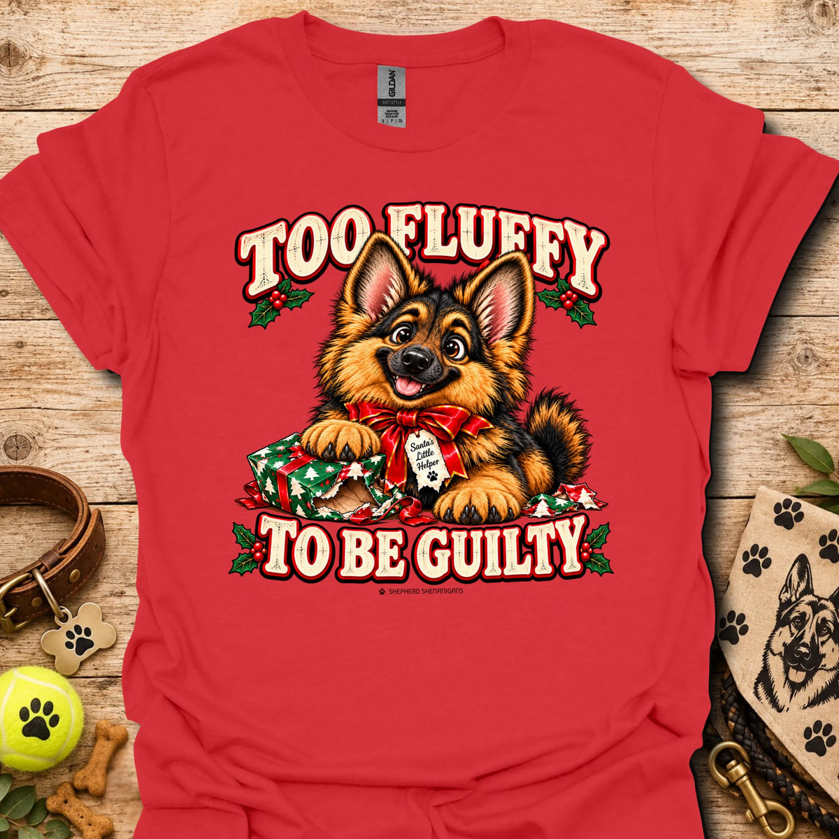 Red dog graphic T-shirt with 'Too Fluffy To Be Guilty' text