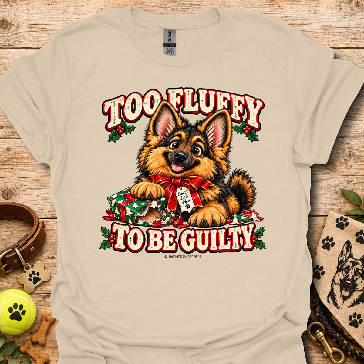 Sand dog graphic T-shirt with 'Too Fluffy To Be Guilty' text