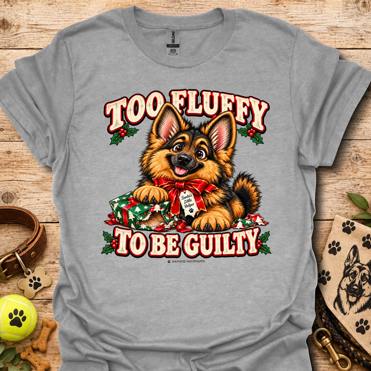 Sport grey dog graphic T-shirt with 'Too Fluffy To Be Guilty' text