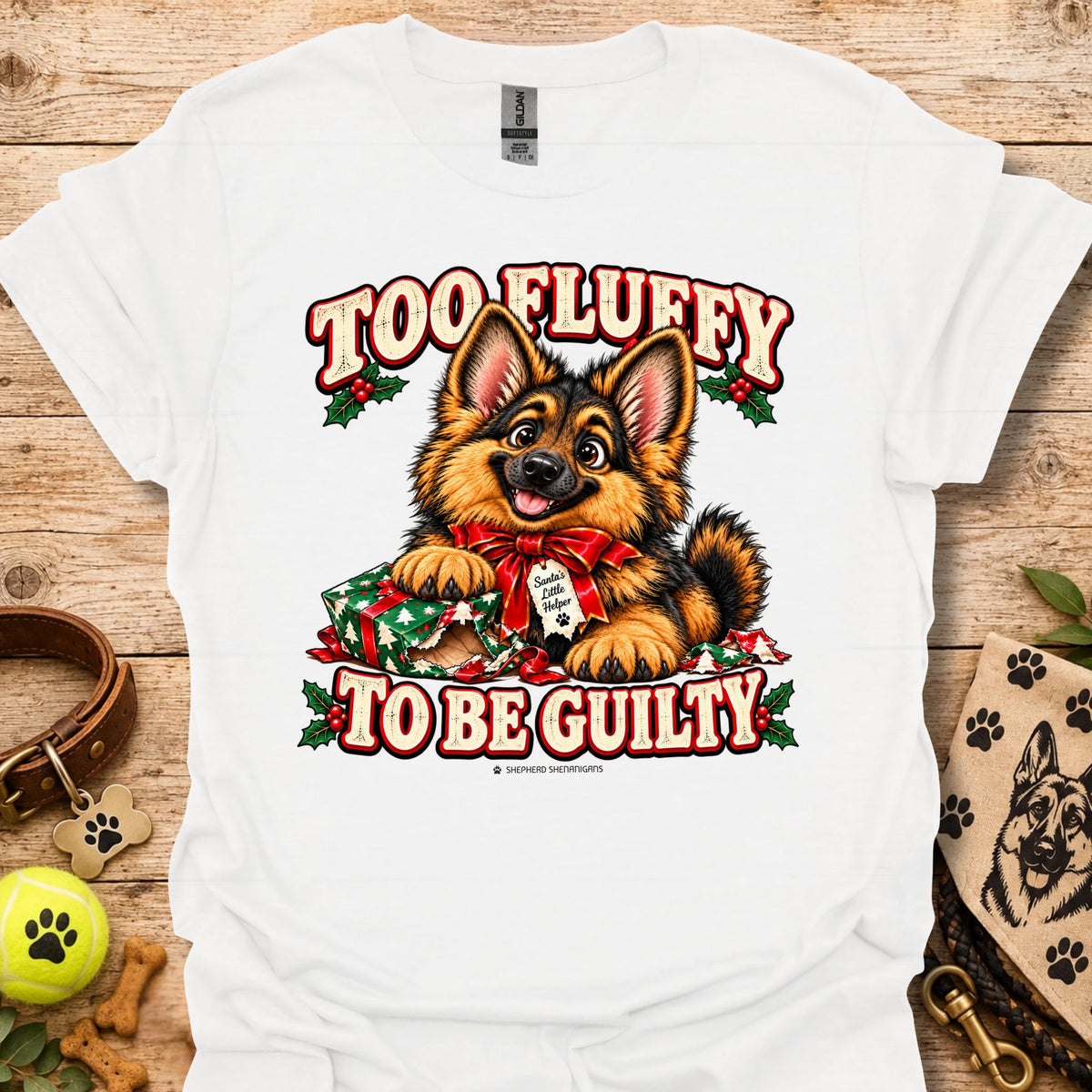 White dog graphic T-shirt with 'Too Fluffy To Be Guilty' text