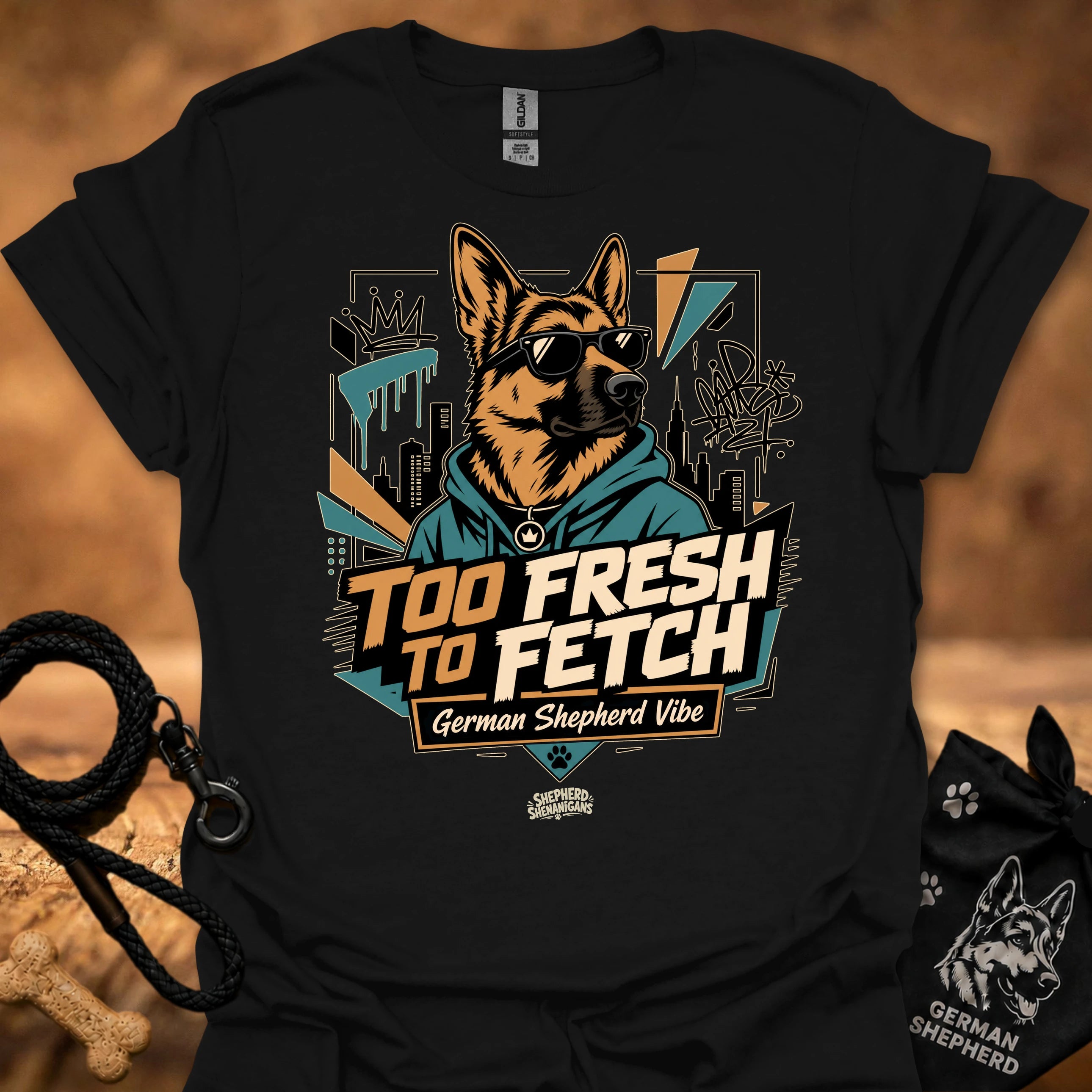 Black graphic t-shirt with German Shepherd portrait and “Too Fresh to Fetch” print