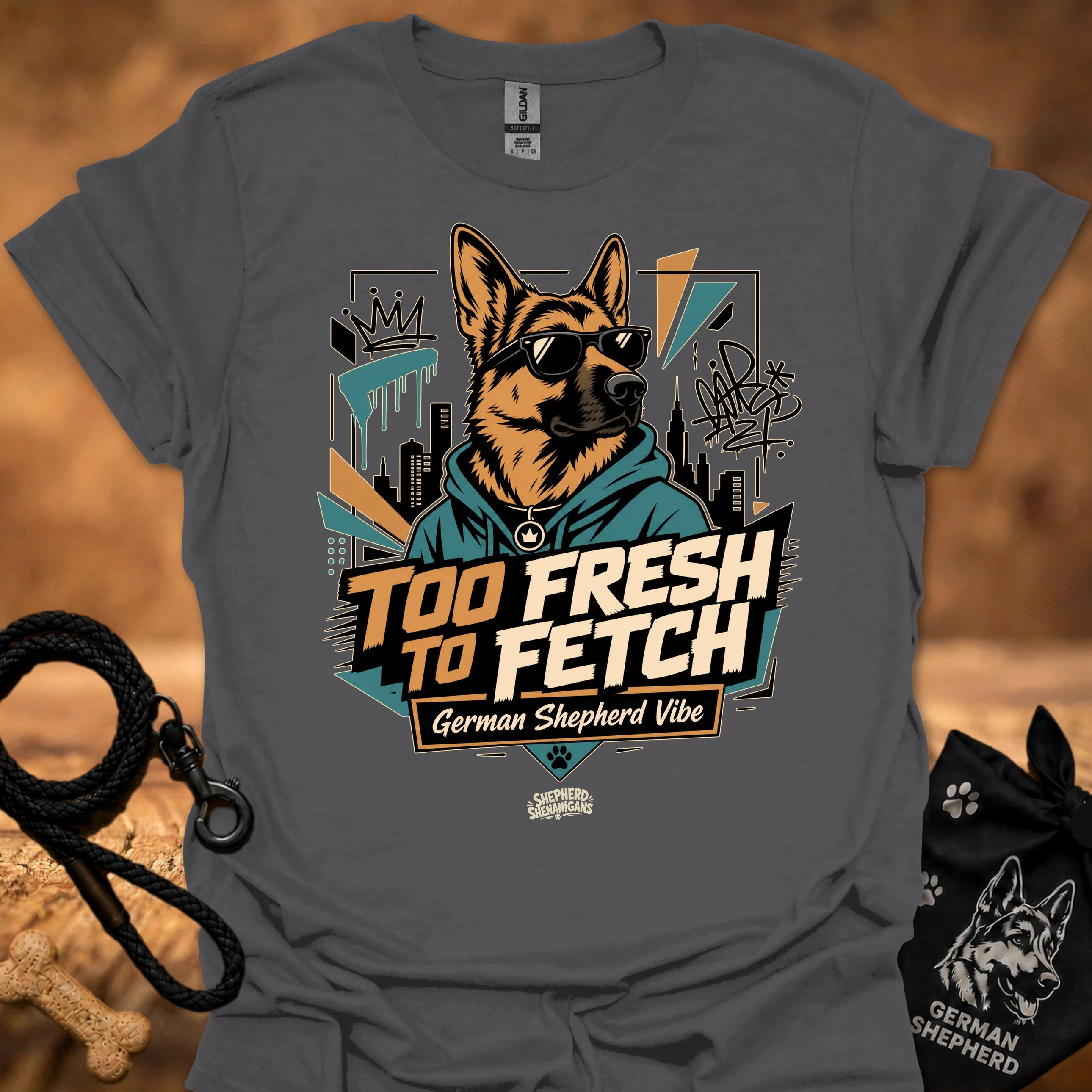 Dark grey graphic t-shirt with German Shepherd portrait and “Too Fresh to Fetch” print