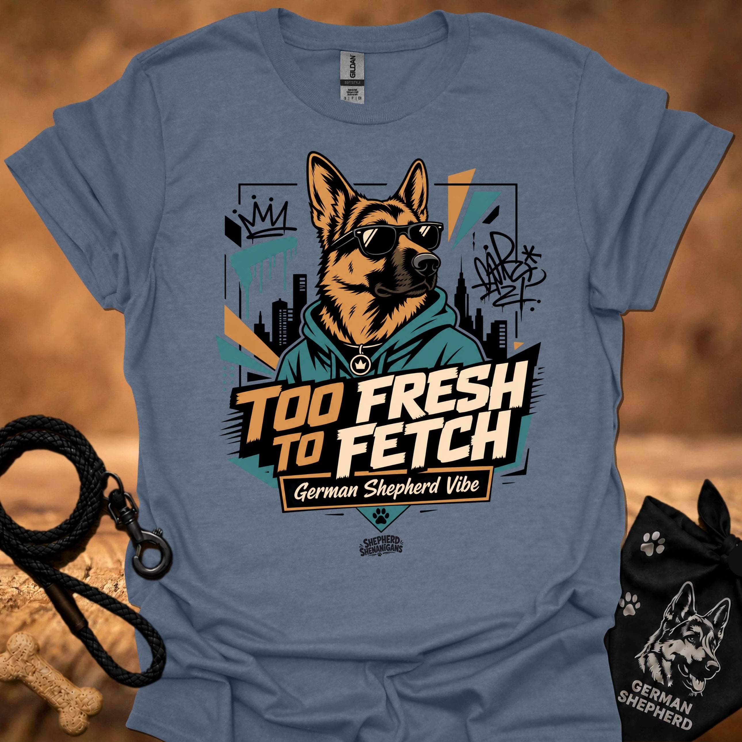 Slate blue graphic t-shirt with German Shepherd portrait and “Too Fresh to Fetch” print