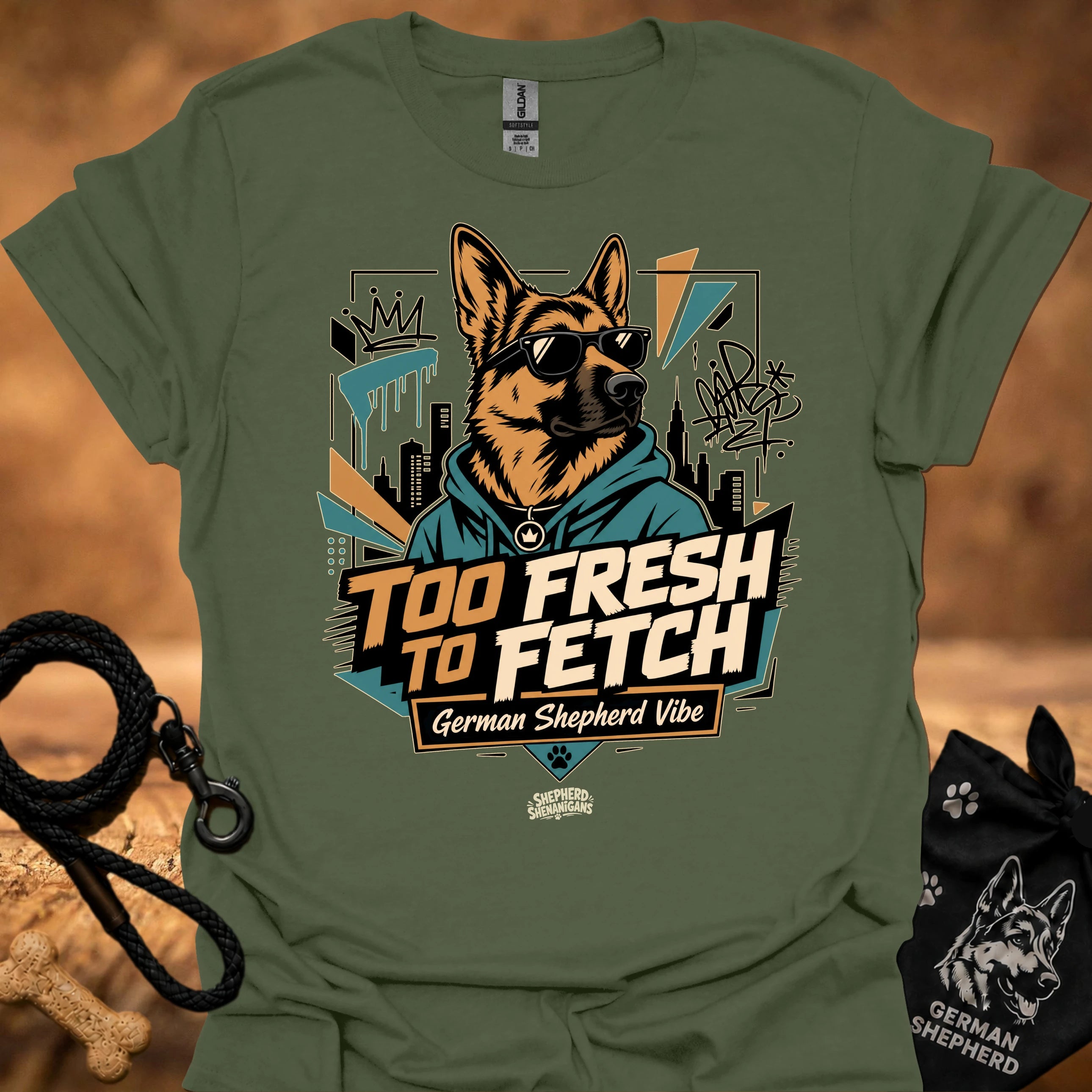Military green graphic t-shirt with German Shepherd portrait and “Too Fresh to Fetch” print
