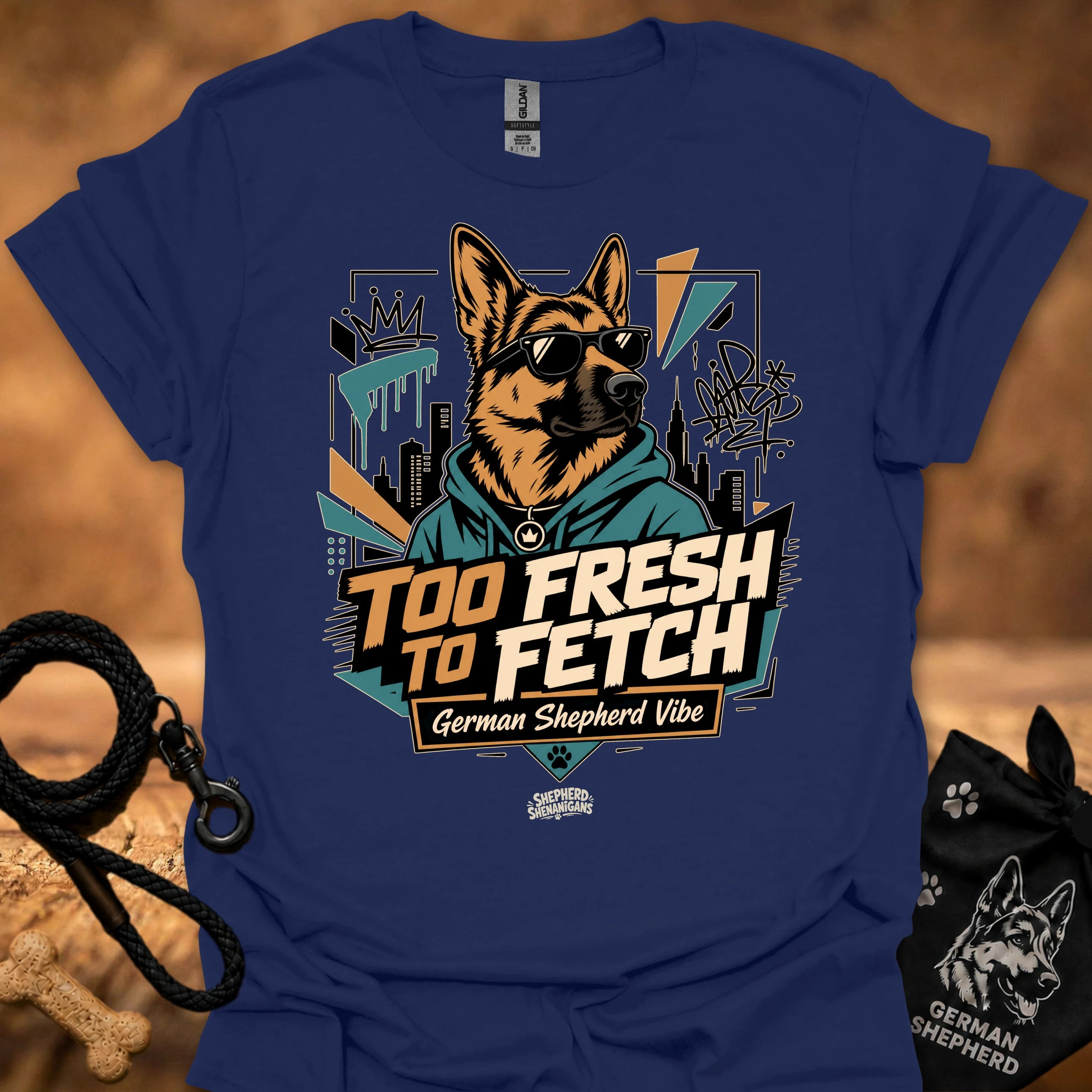 Royal blue graphic t-shirt with German Shepherd portrait and “Too Fresh to Fetch” print