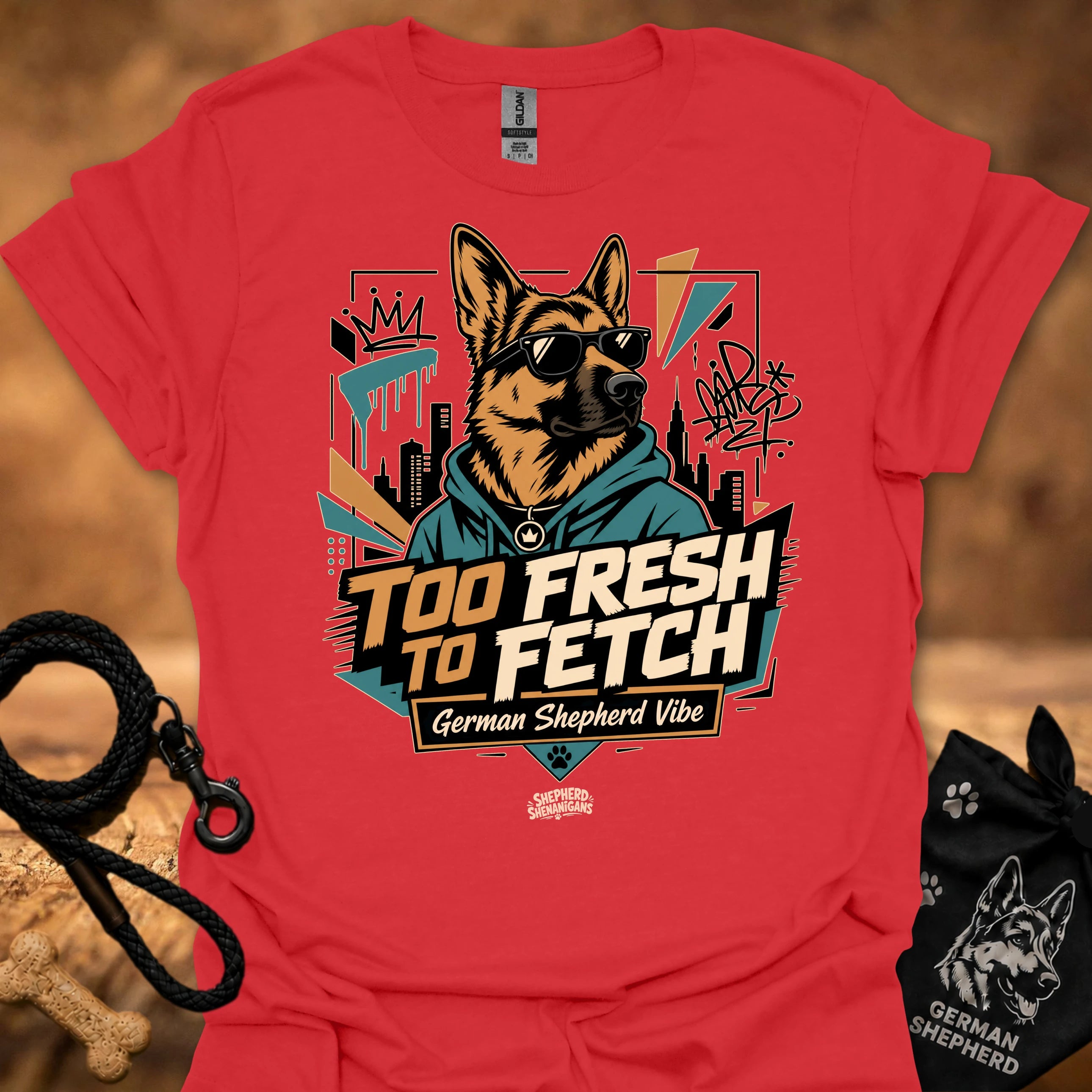 Red graphic t-shirt with German Shepherd portrait and “Too Fresh to Fetch” print