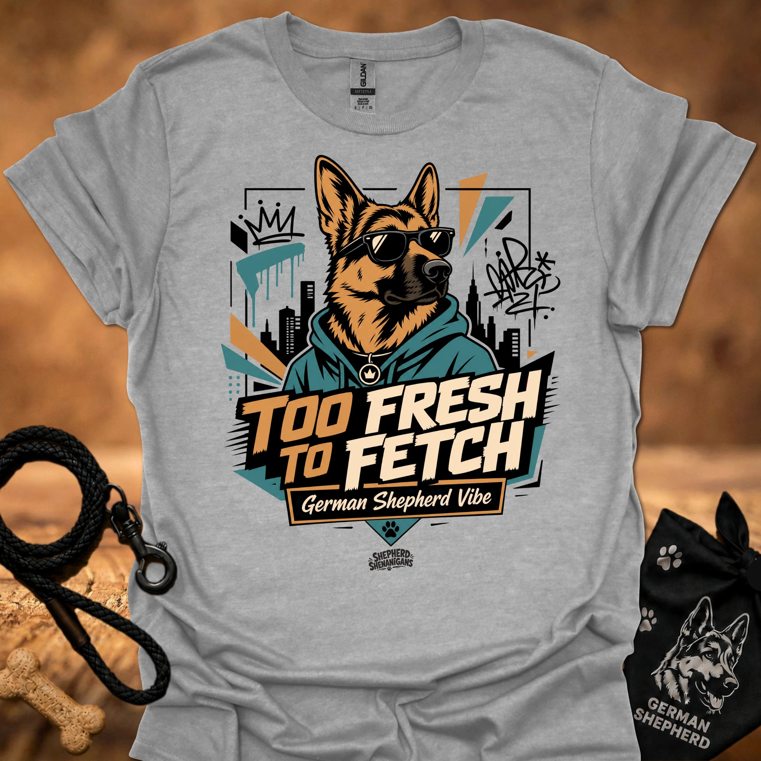 Light grey graphic t-shirt with German Shepherd portrait and “Too Fresh to Fetch” print