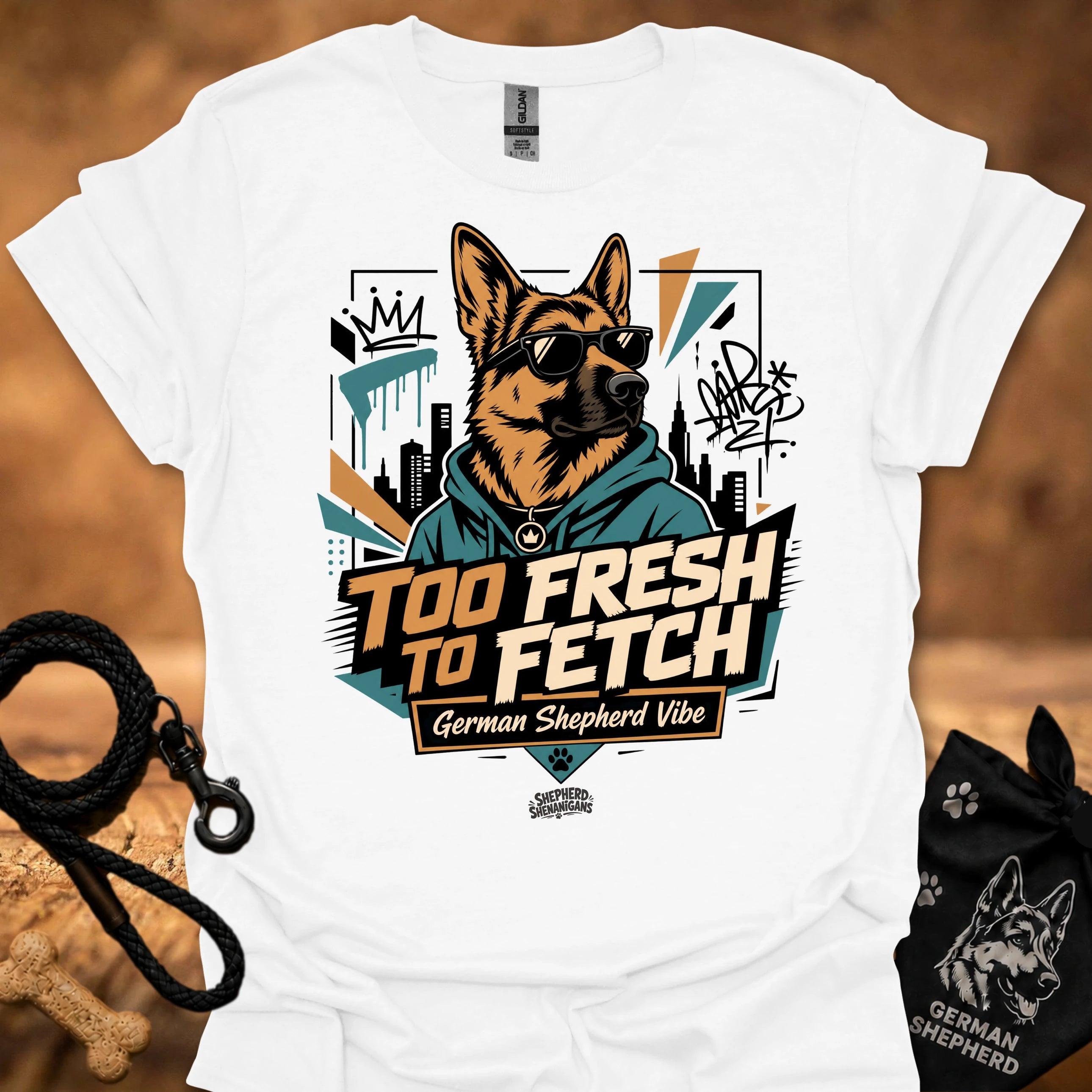 White graphic t-shirt with German Shepherd portrait and “Too Fresh to Fetch” print