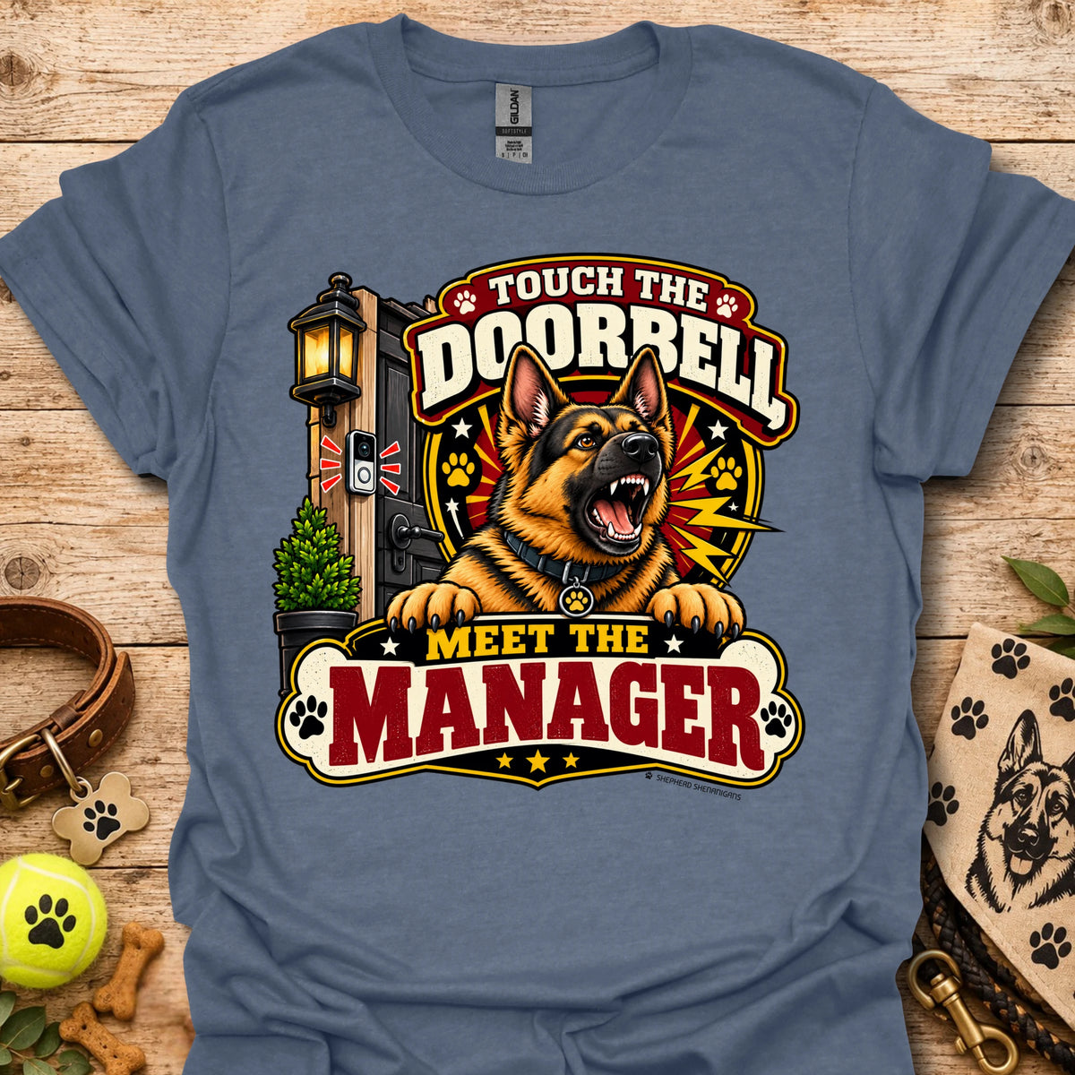Slate blue short-sleeve T-shirt with large "Doorbell Manager" graphic front