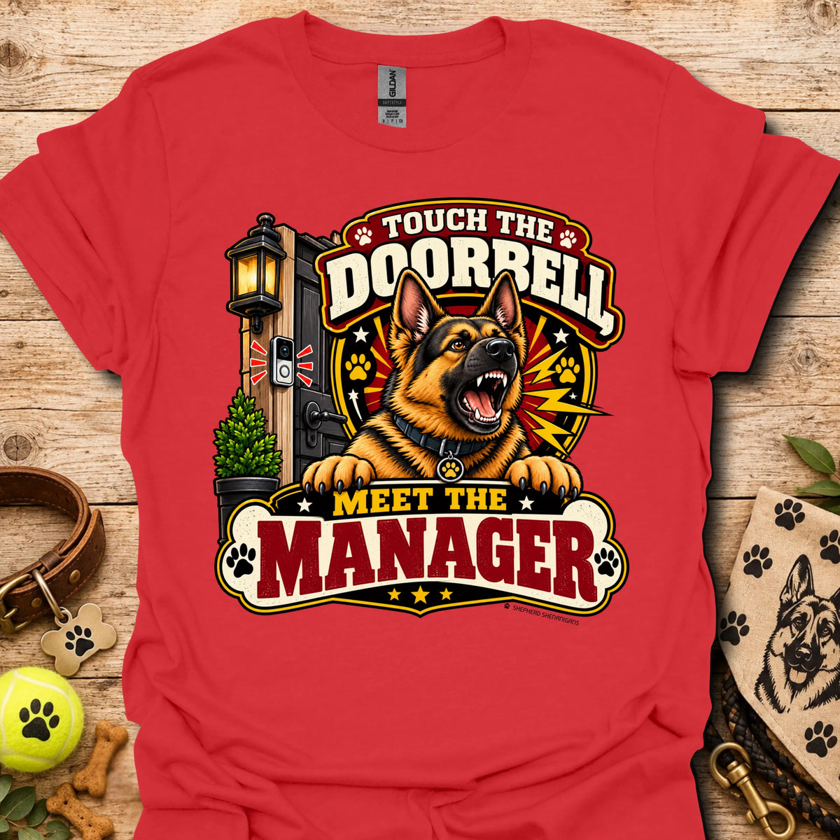 Red short-sleeve T-shirt with bold "Doorbell Manager" graphic front