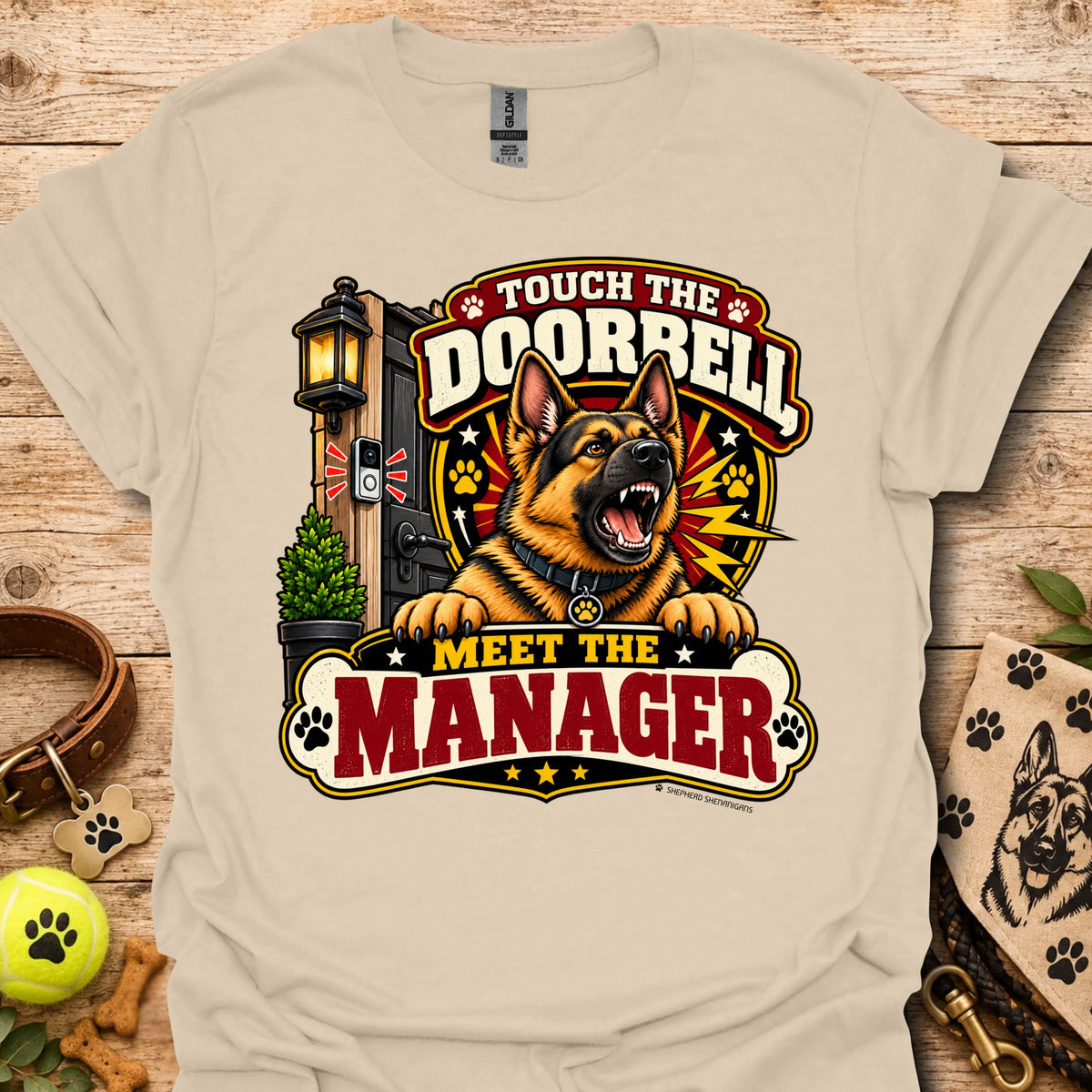 Light sand short-sleeve T-shirt with colorful "Doorbell Manager" graphic front