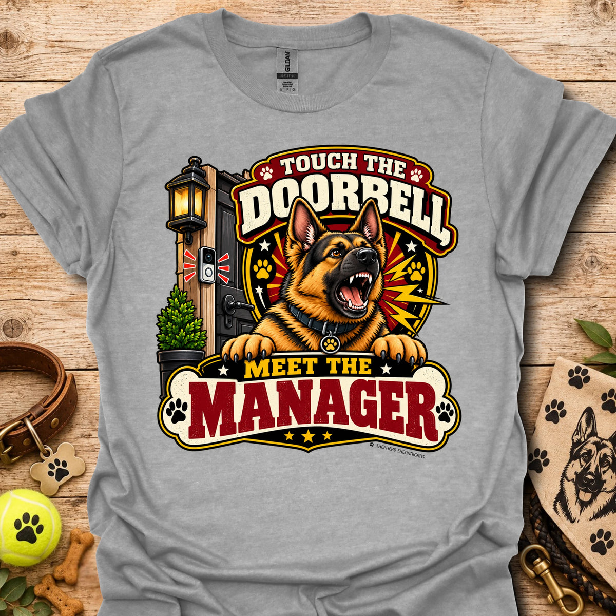 Heather gray short-sleeve T-shirt with large "Doorbell Manager" graphic front