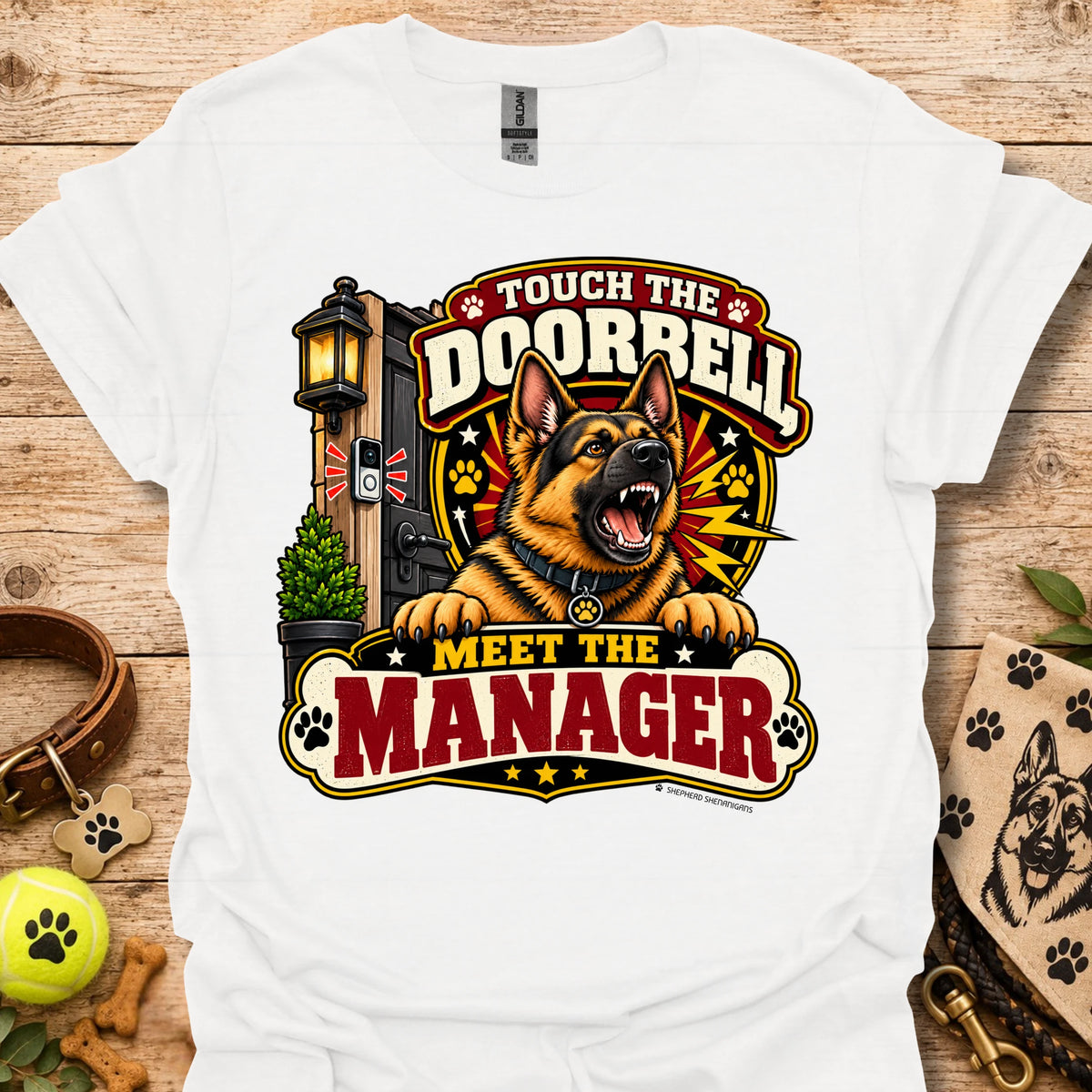 White short-sleeve T-shirt with colorful "Doorbell Manager" graphic front