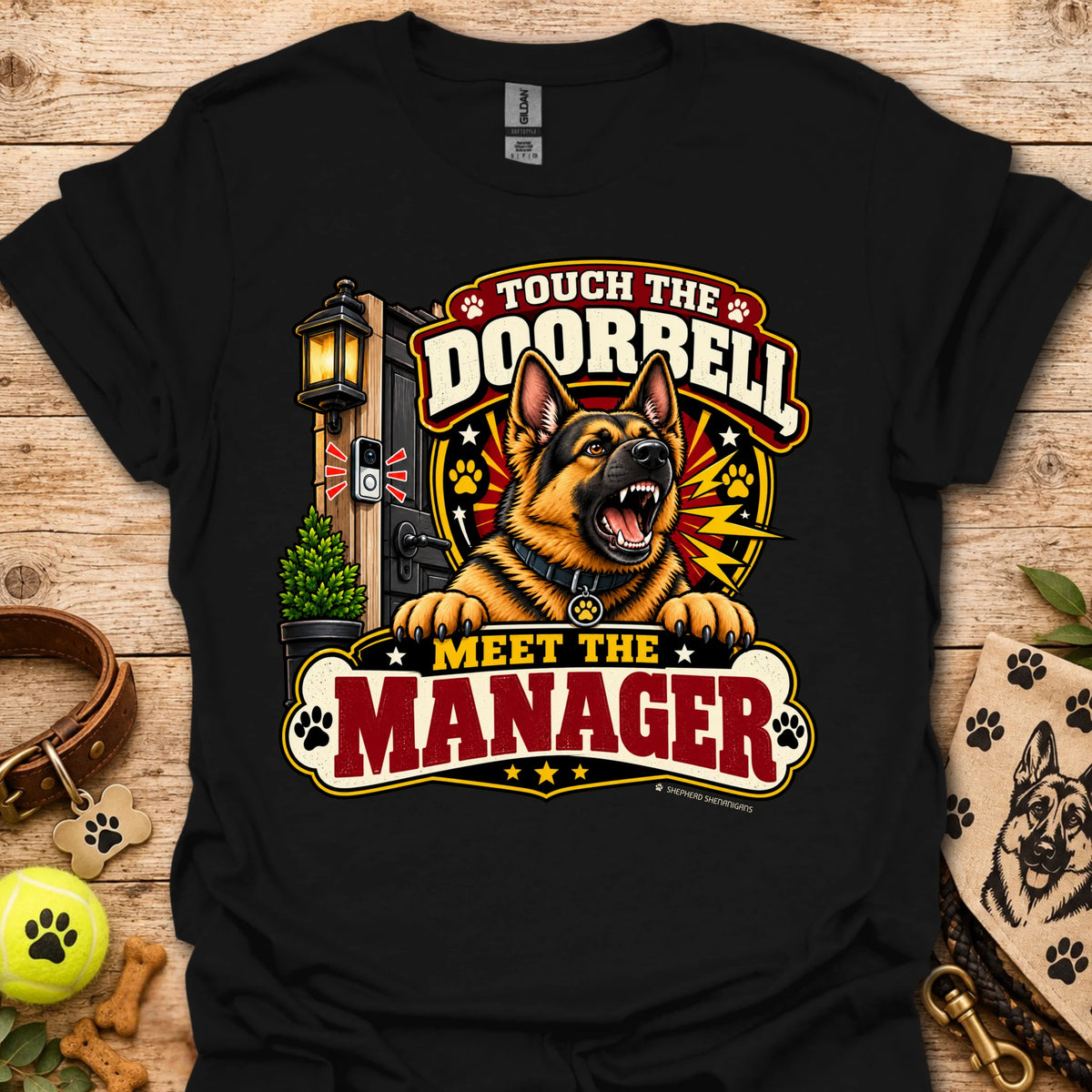 Black short-sleeve T-shirt with bold "Doorbell Manager" graphic front