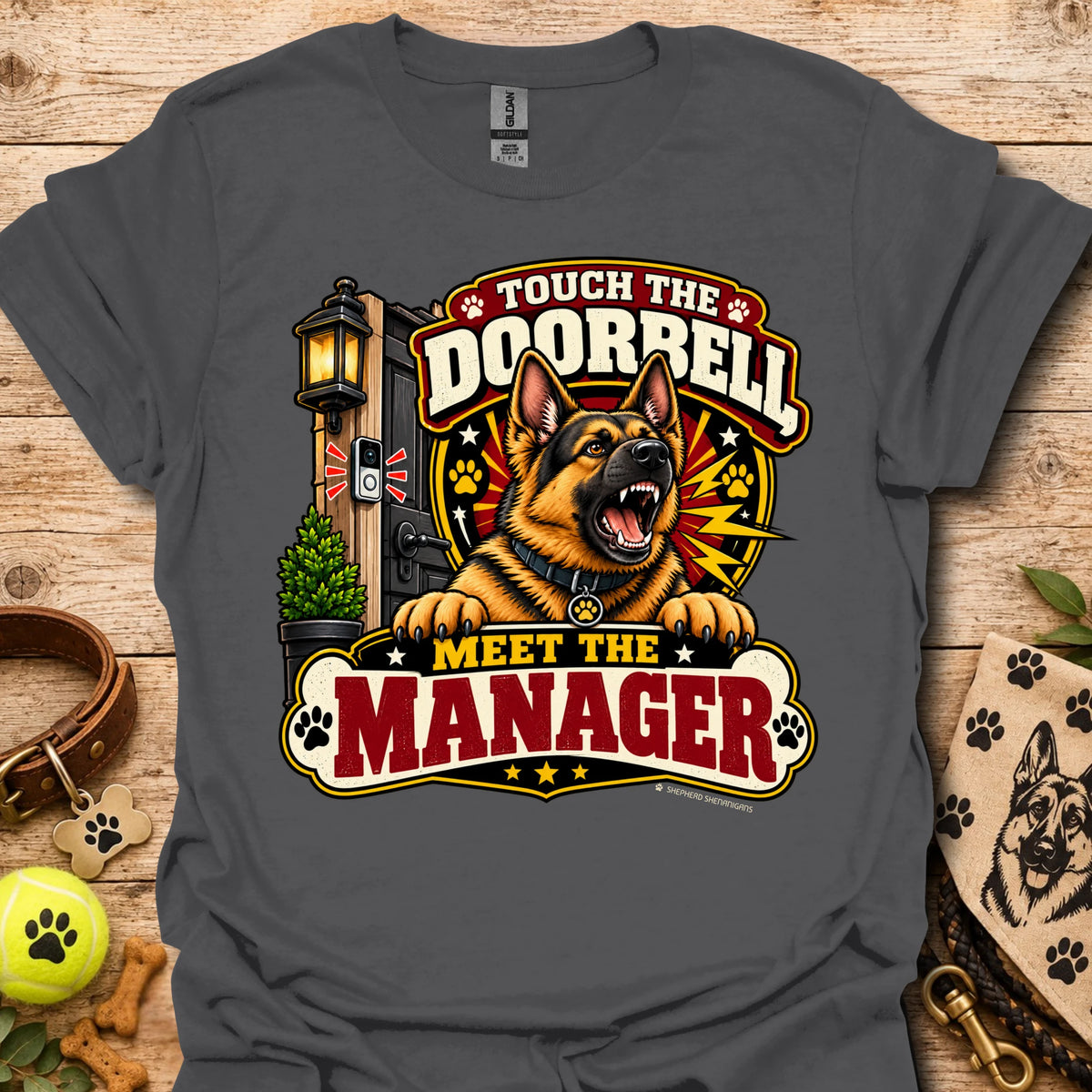 Charcoal short-sleeve T-shirt with large "Doorbell Manager" graphic front
