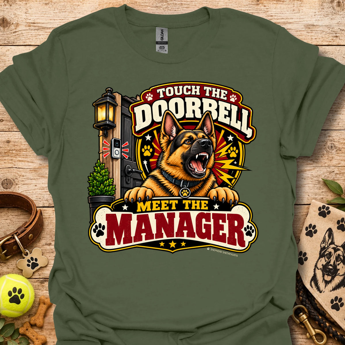 Olive green short-sleeve T-shirt with large "Doorbell Manager" graphic front