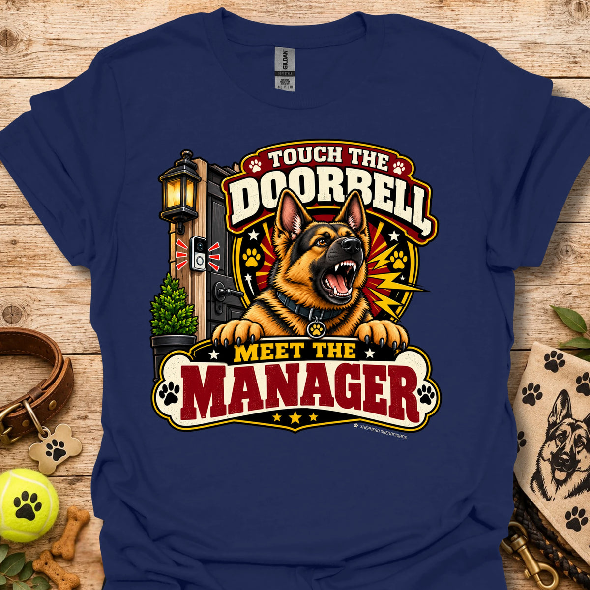 Navy short-sleeve T-shirt with colorful "Doorbell Manager" graphic front