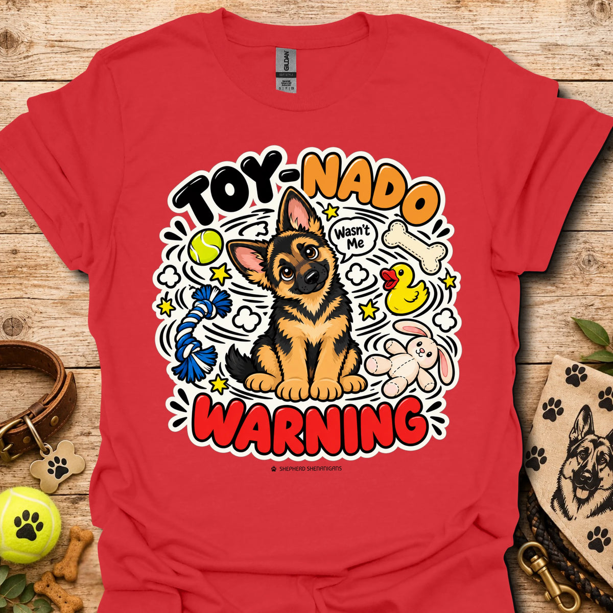Red T-shirt with cartoon German shepherd and 'Toy-Nado Warning' graphic