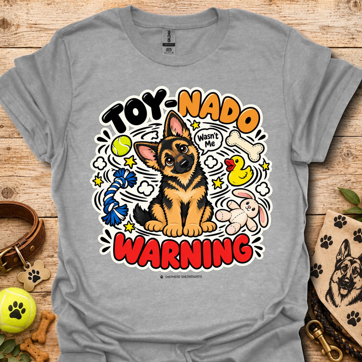 Heather gray T-shirt with cartoon German shepherd and 'Toy-Nado Warning' graphic