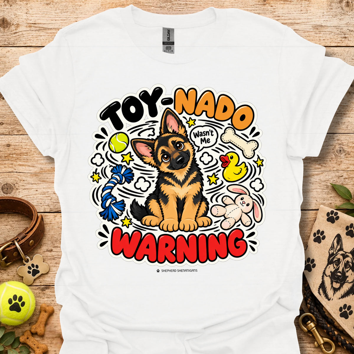 White T-shirt with cartoon German shepherd and 'Toy-Nado Warning' graphic