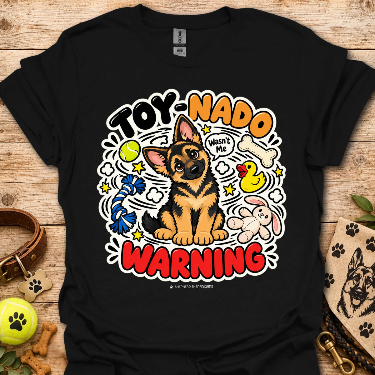 Black T-shirt with cartoon German shepherd and 'Toy-Nado Warning' graphic